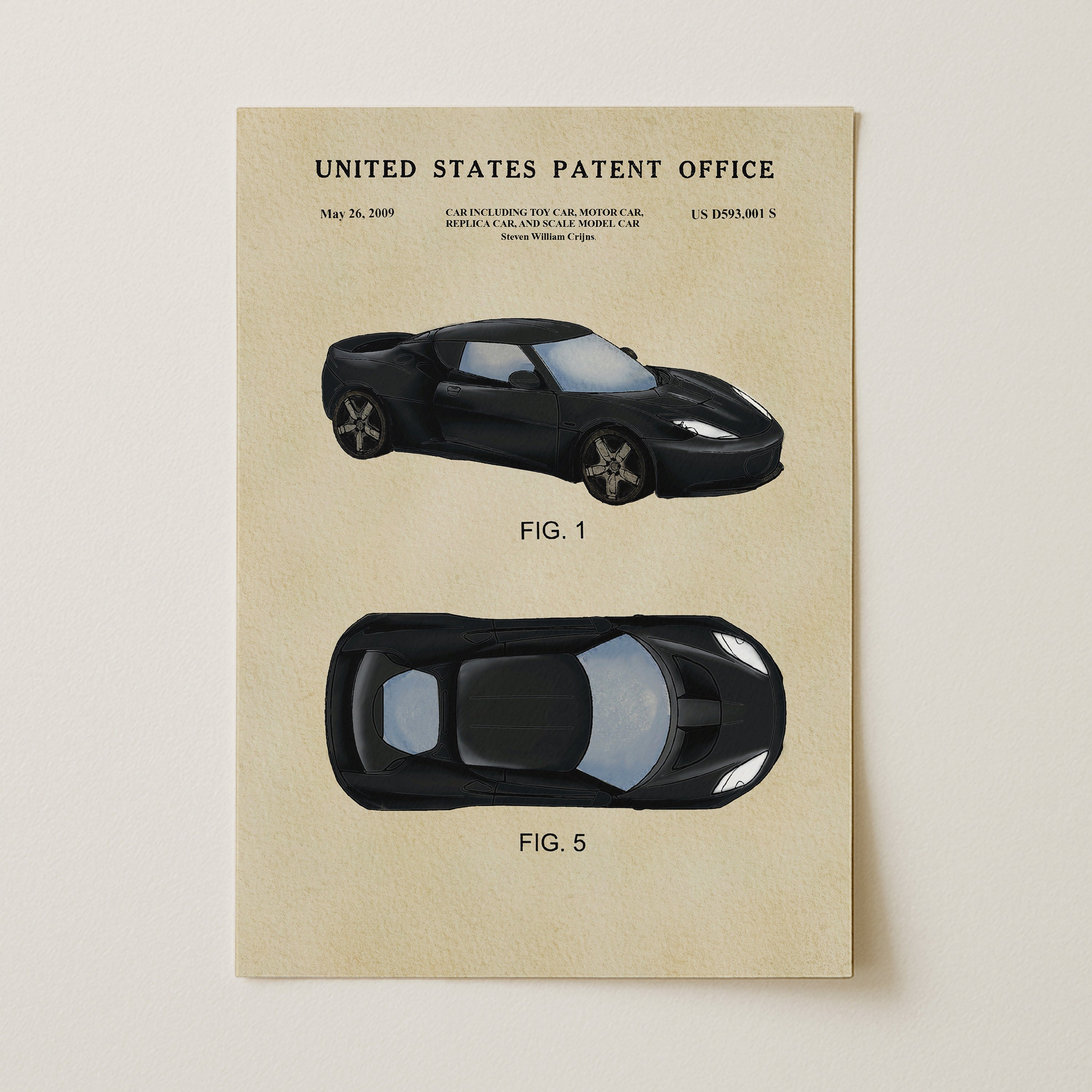 The image is a framed print featuring a detailed illustration of a black sports car, along with two technical drawings of the car.