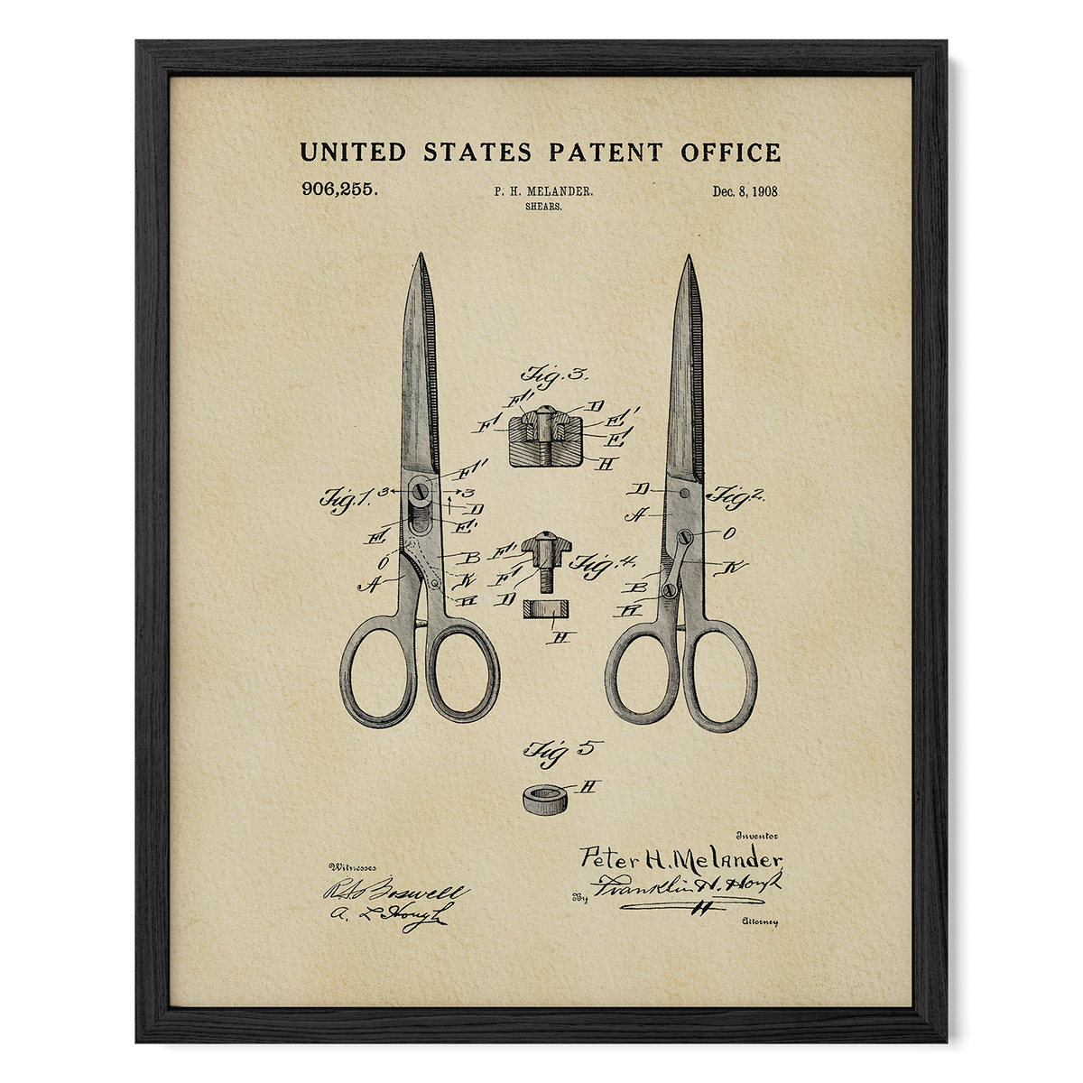 The image is a framed patent drawing of a pair of scissors, depicting the design and features of the invention.