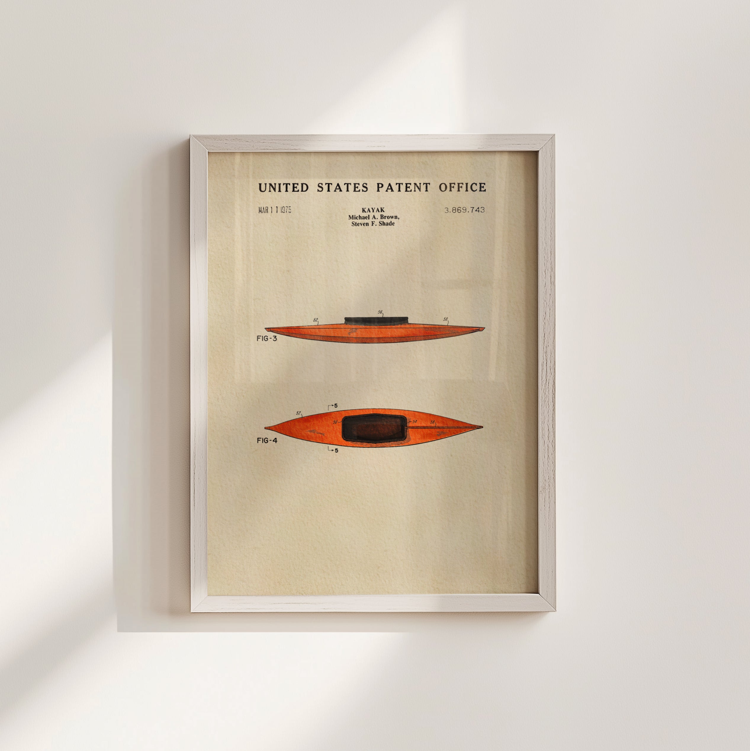 The image is a framed print of a patent drawing of a kayak, depicting two different designs.