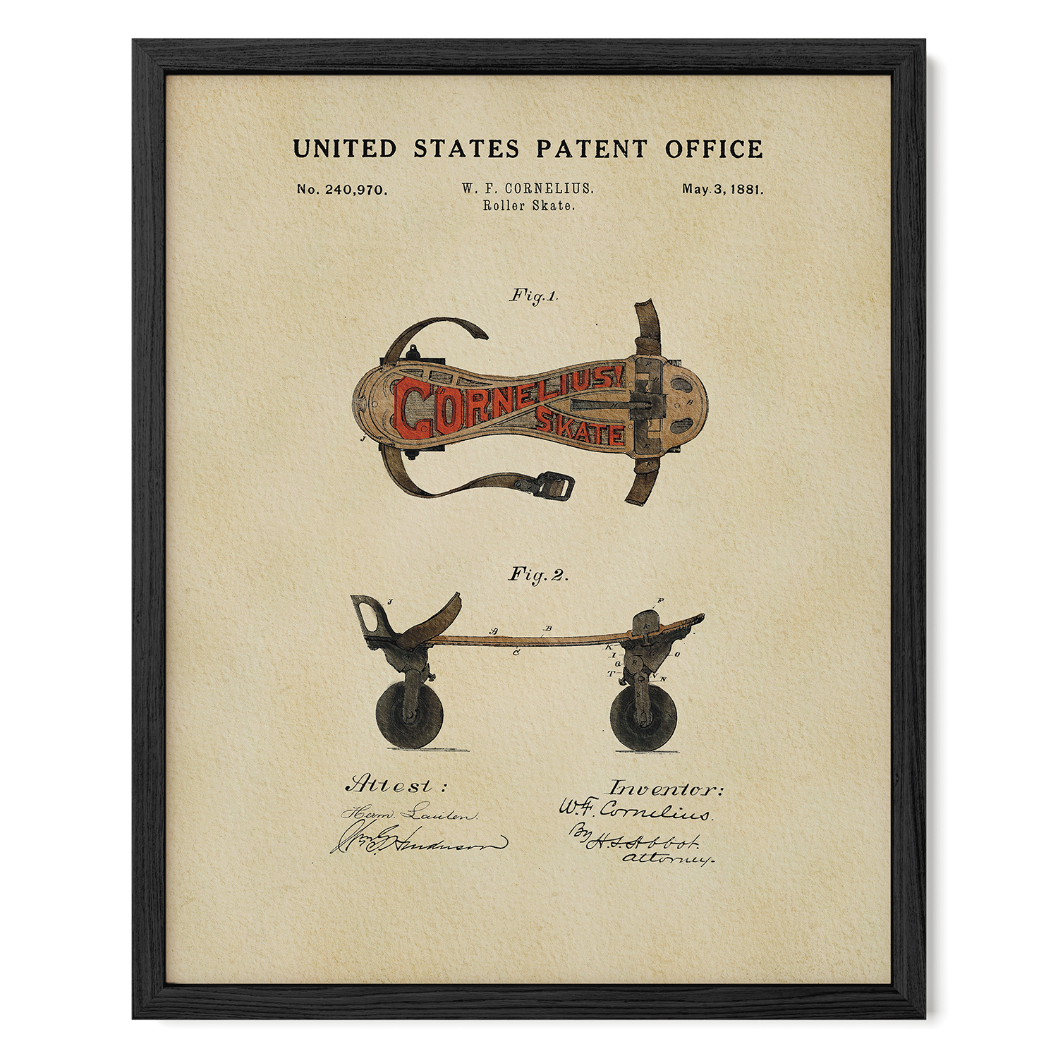 The image is a framed patent drawing depicting a roller skate with a cornellis logo, along with a technical drawing and a signature.