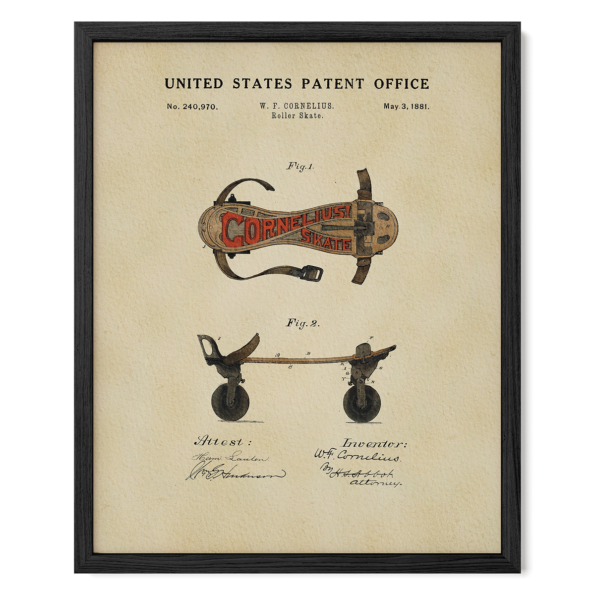 The image is a framed patent drawing depicting a roller skate with a cornellis logo, along with a technical drawing and a signature.