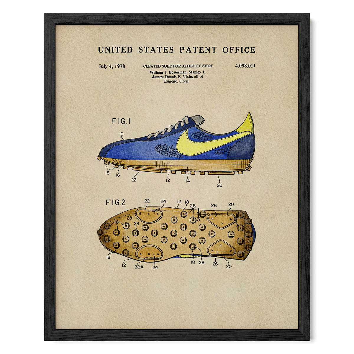 The image is a framed patent drawing of a Nike athletic shoe, depicting the design and features of the shoe in a technical drawing style.