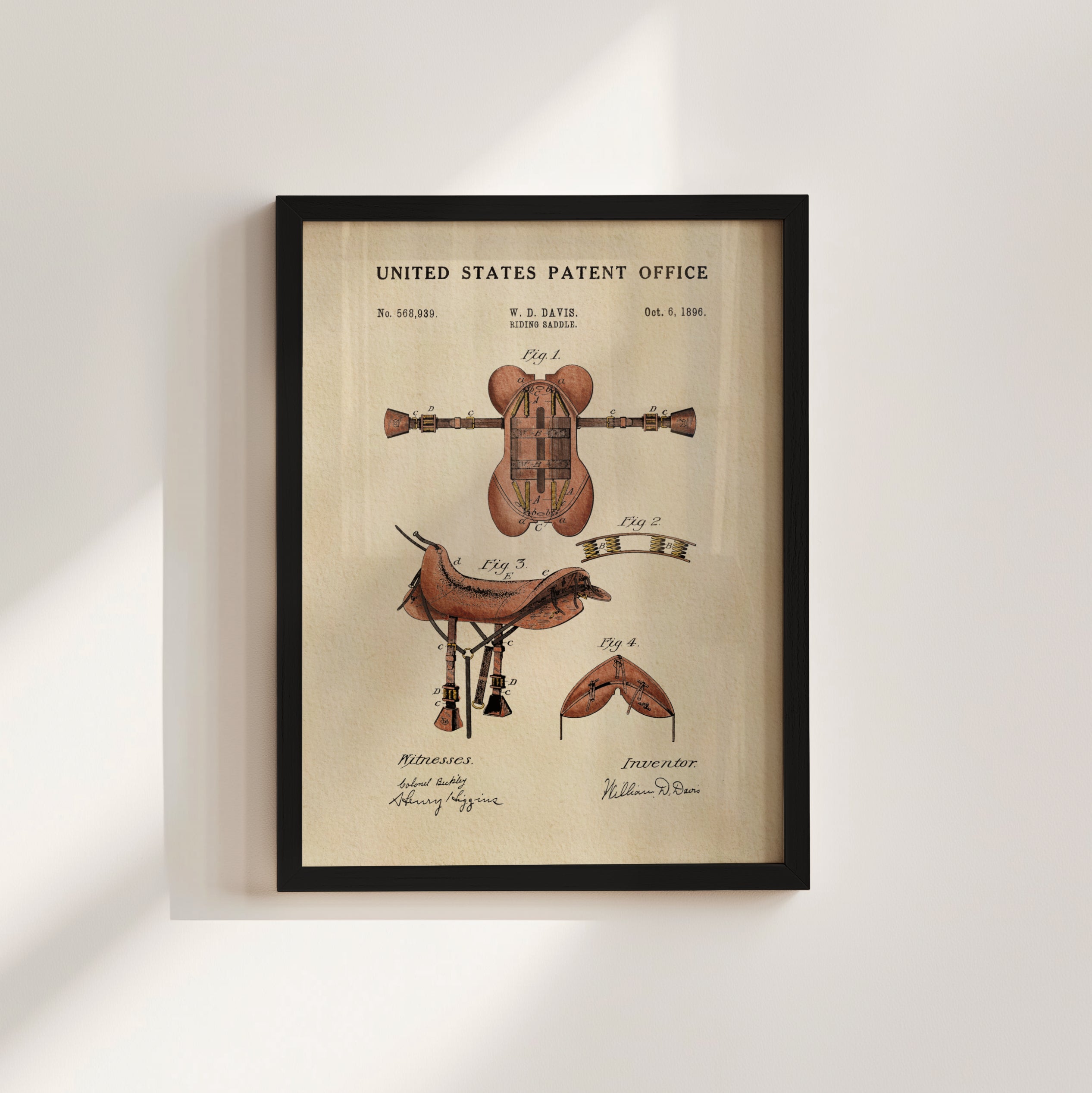 The image is a framed patent drawing depicting a horse saddle, with accompanying technical drawings and annotations.