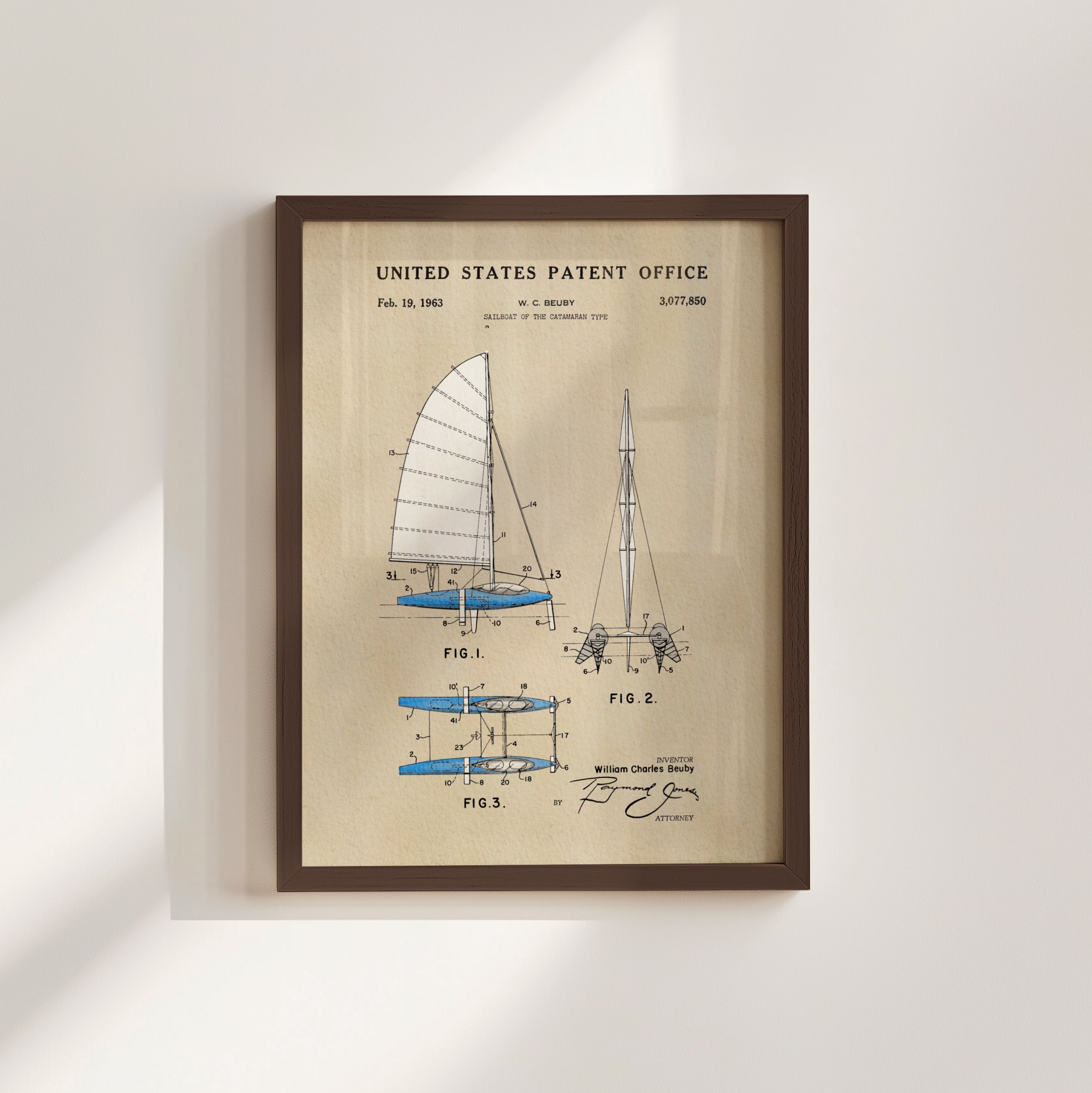The image is a framed patent drawing depicting a sailboat, with accompanying technical drawings and text.