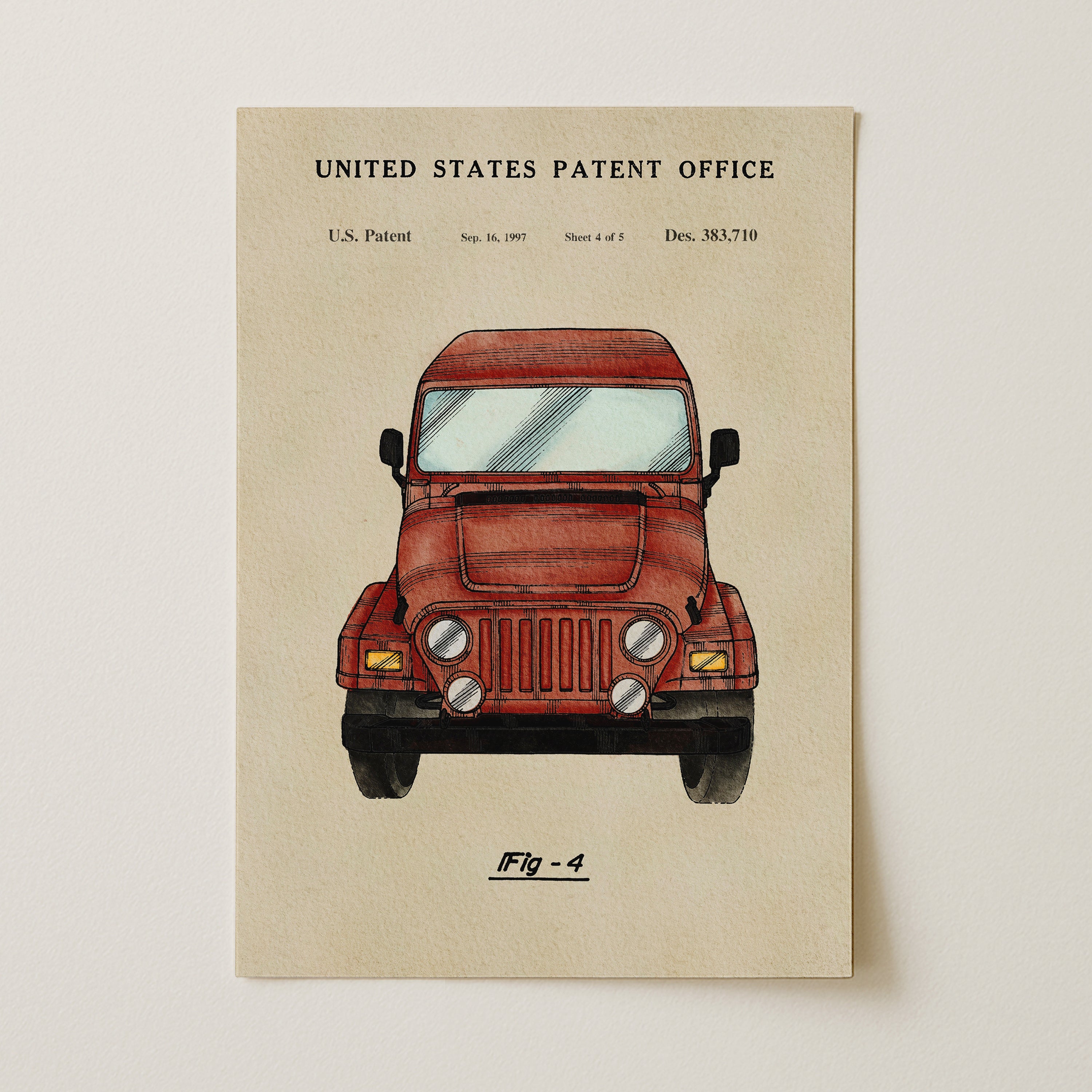 The image is a printed page from the United States Patent Office, featuring a detailed illustration of a red vehicle, likely a jeep, along with the text 