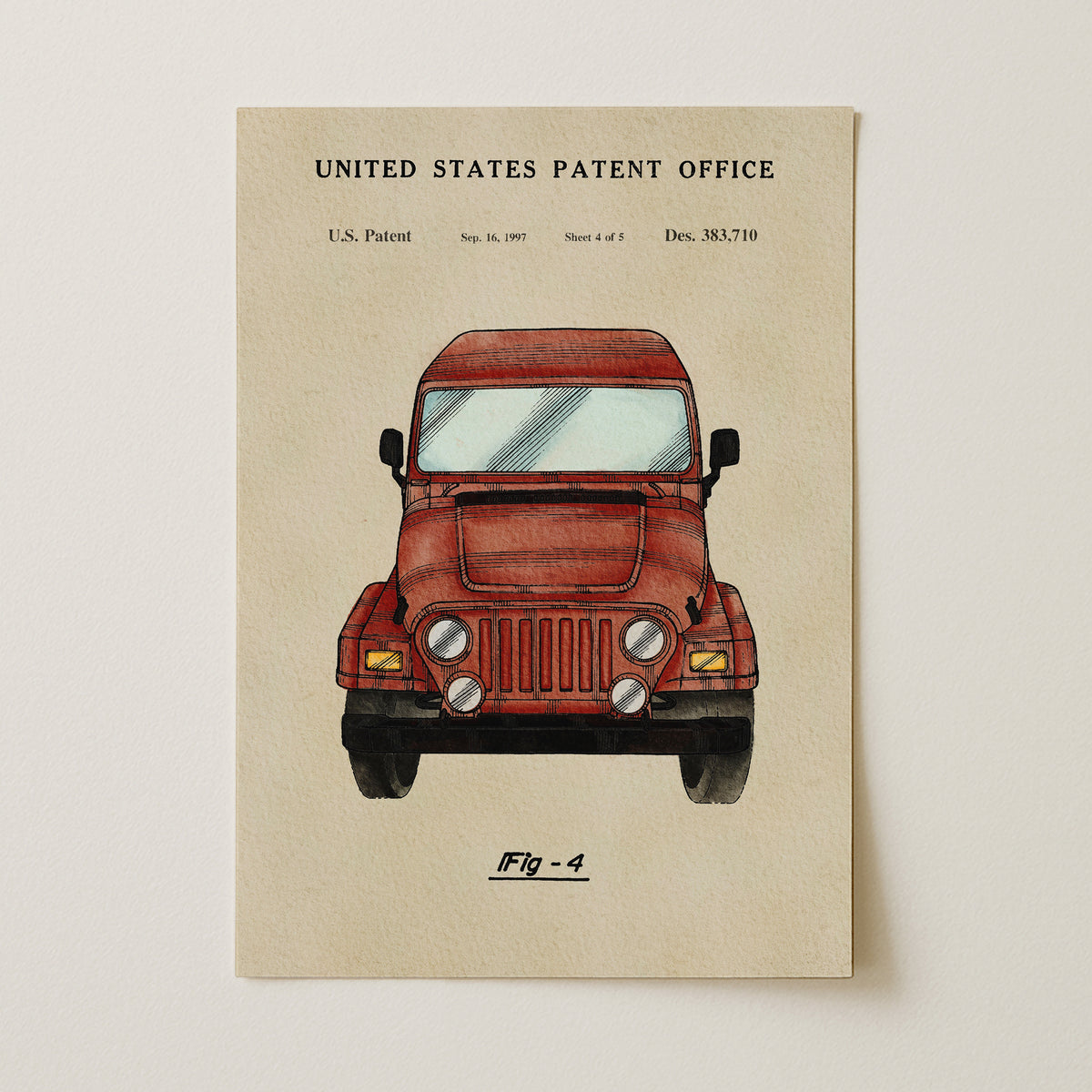 The image is a printed page from the United States Patent Office, featuring a detailed illustration of a red vehicle, likely a jeep, along with the text "United States Patent Office" and "U.S. Patent Dec. 15, 1997, Sheet of 5".
