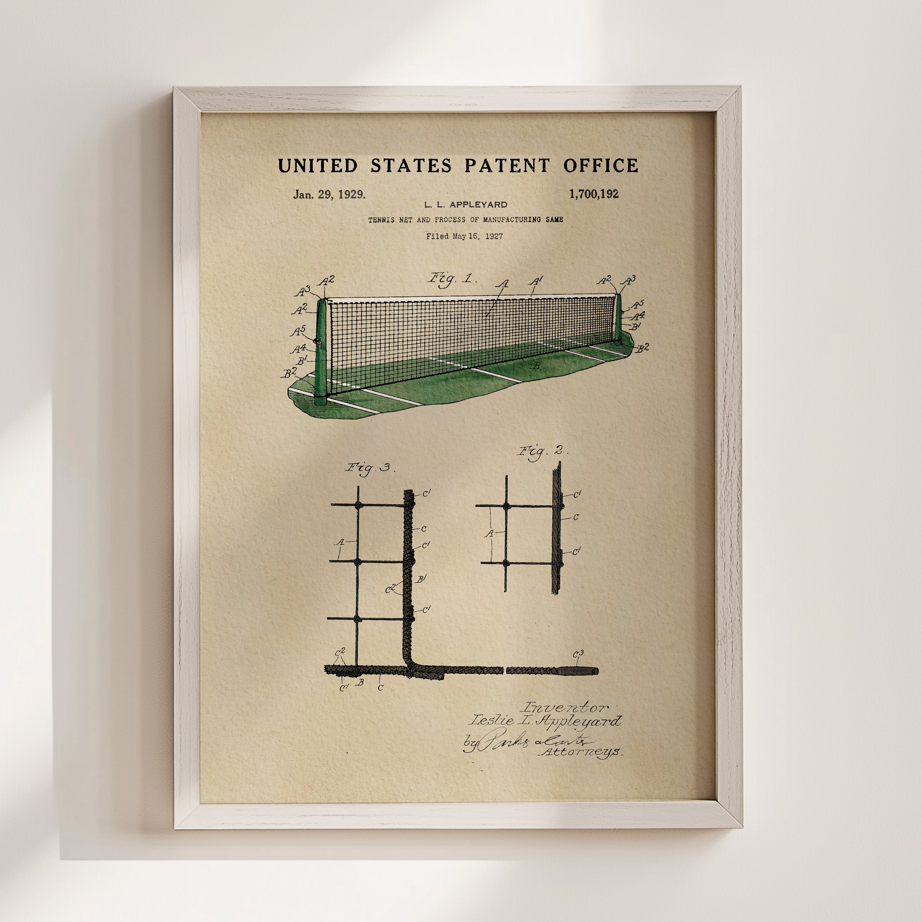 The image is a framed patent drawing from the United States Patent Office, depicting a tennis net and court.
