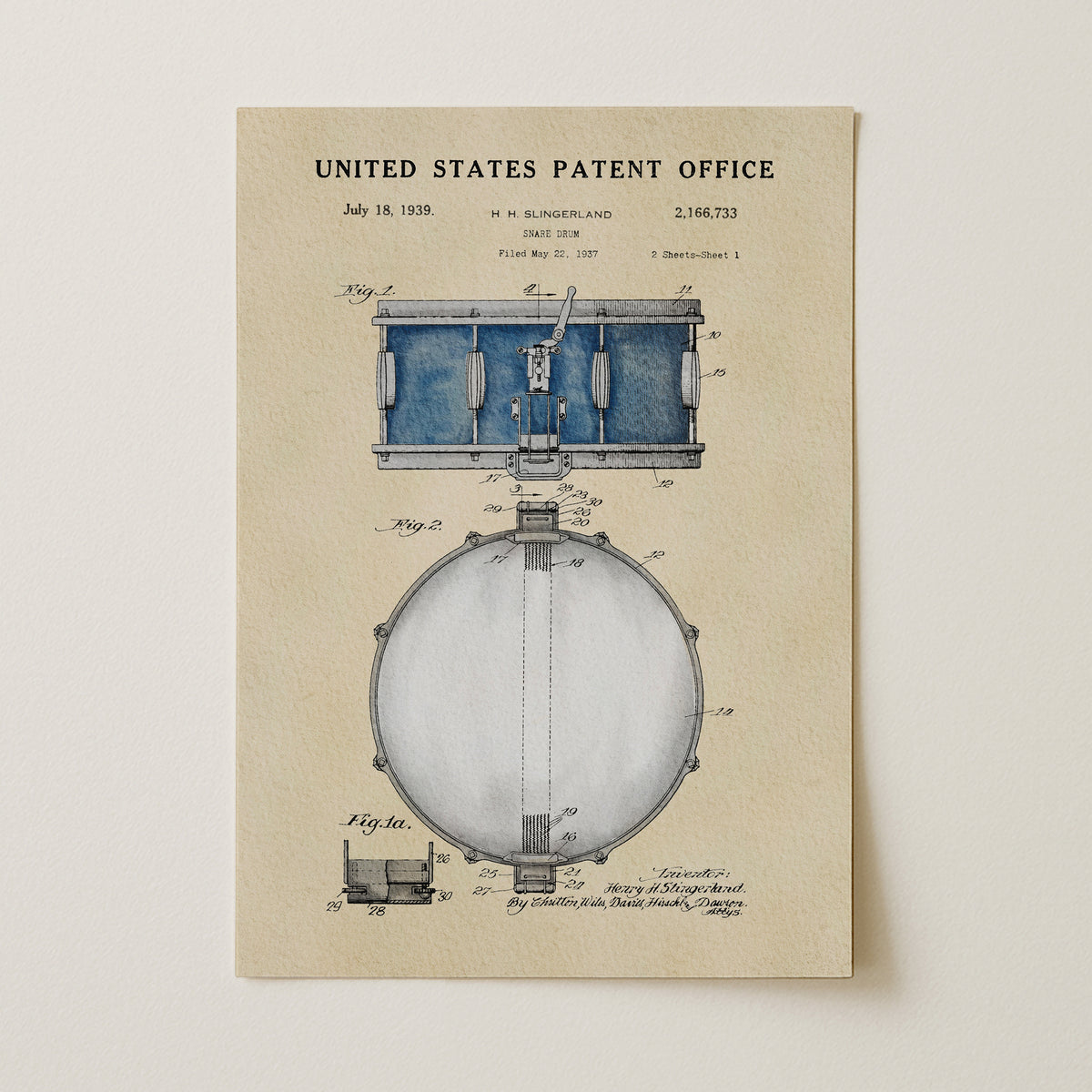 The image is a patent drawing from the United States Patent Office dated July 18, 1939, depicting a blue drum or musical instrument with detailed technical drawings and specifications.