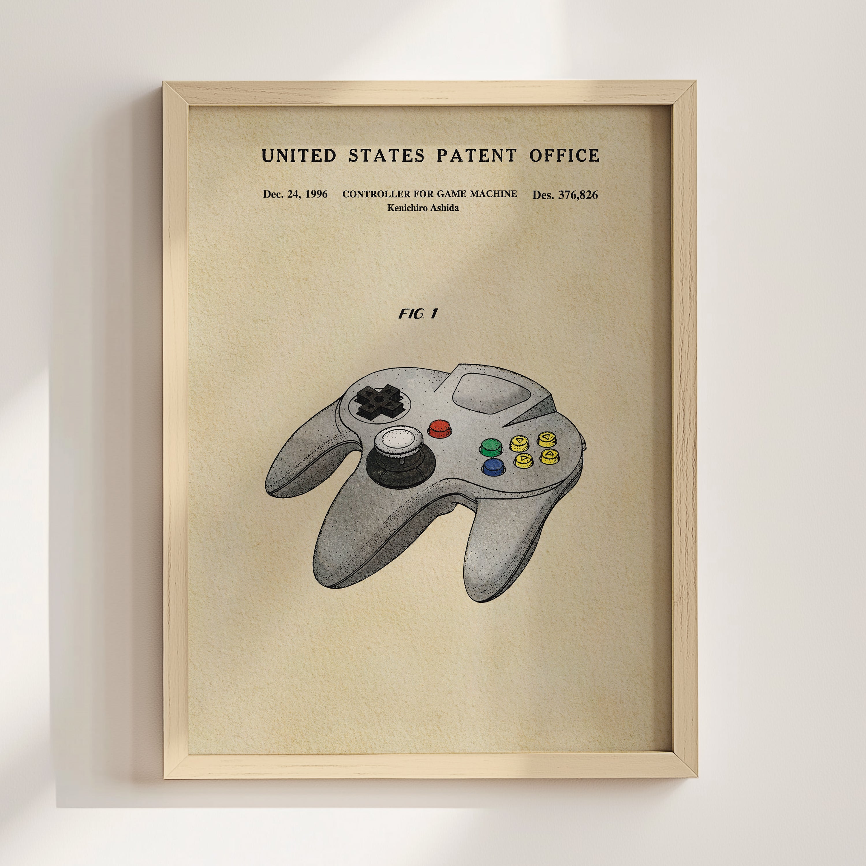 The image is a framed poster or painting depicting a Nintendo 64 controller, which is a classic video game console.