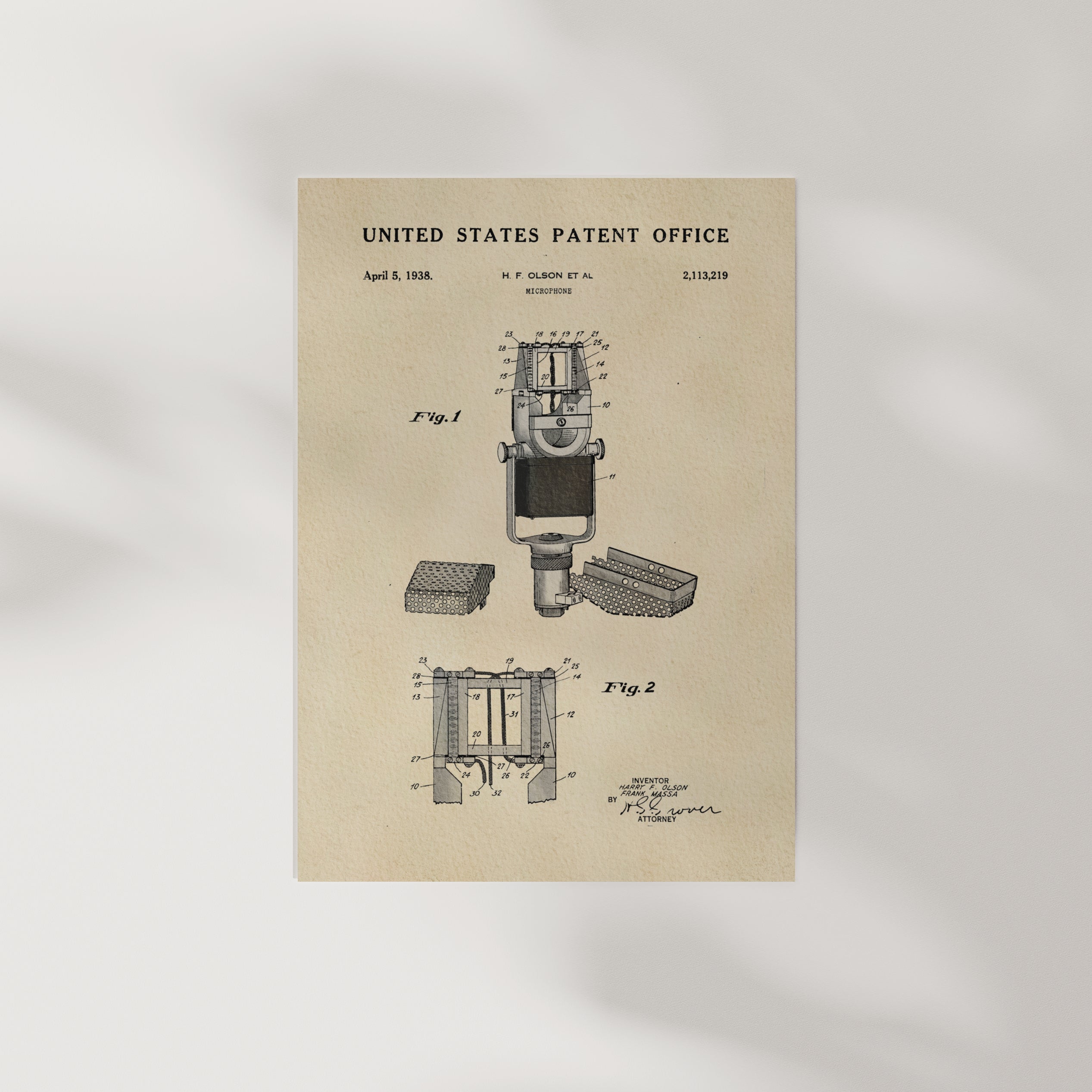 The image is a vintage United States patent office patent drawing for a microphone, dated April 5, 1938.