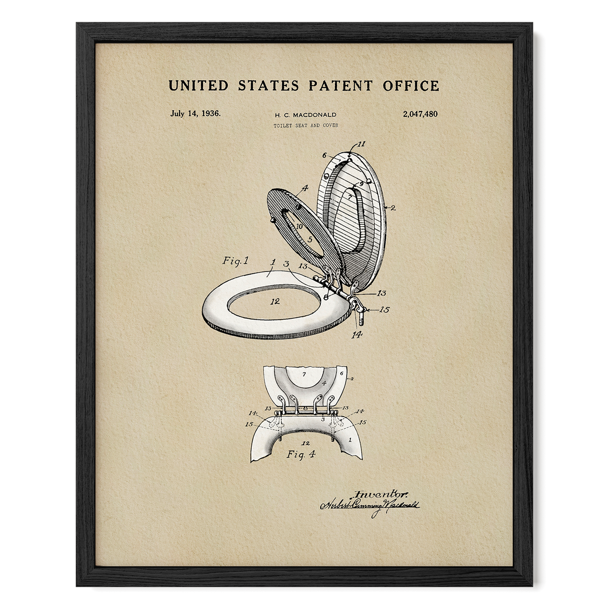 The image is a framed patent drawing of a toilet from the United States Patent Office, dated July 14, 1936.