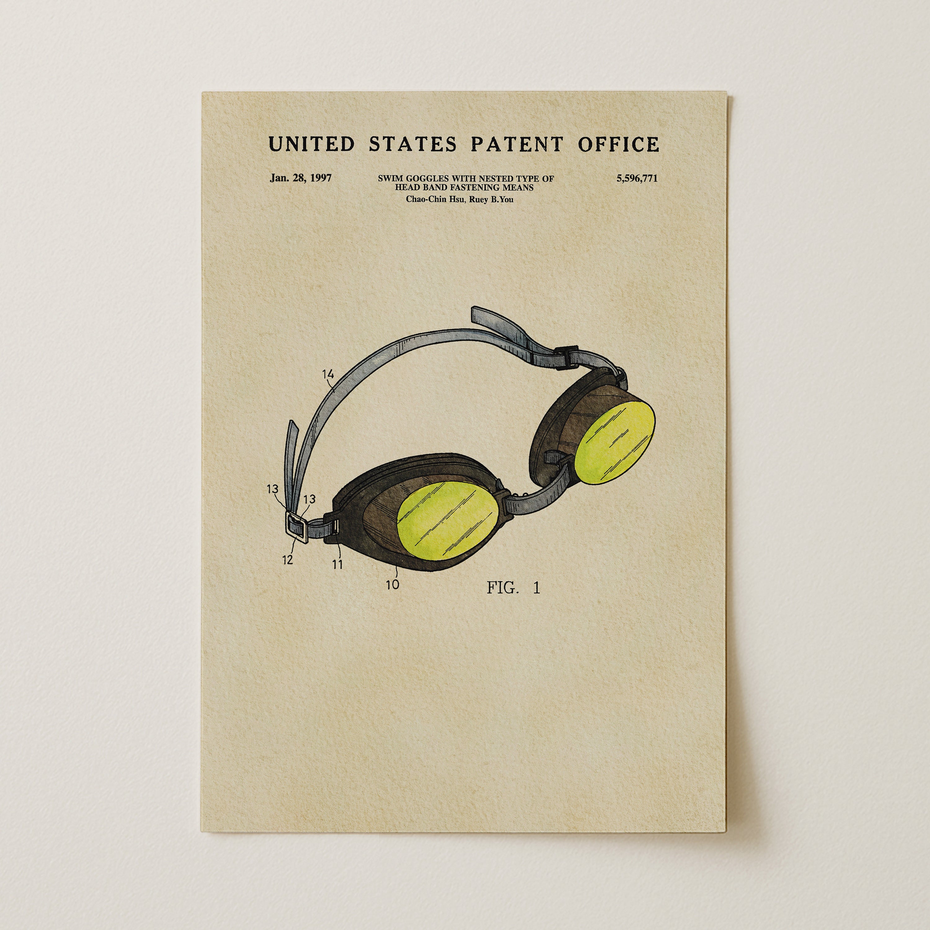 A printed page from the United States Patent Office, featuring a drawing of a pair of goggles with yellow lenses.