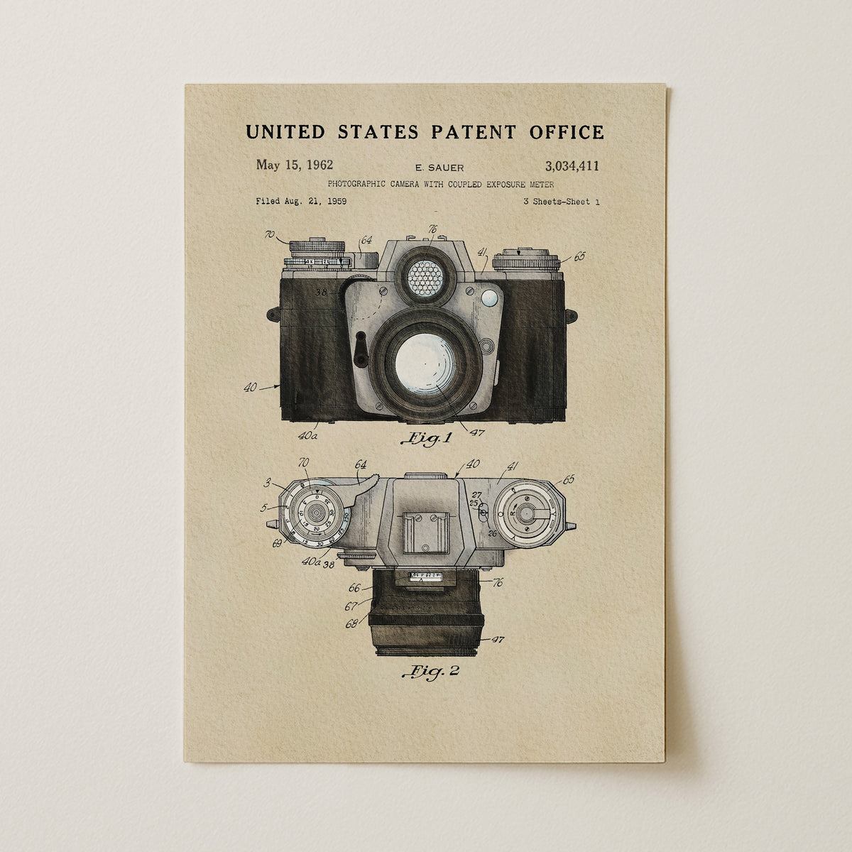 The image is a patent drawing of a camera, depicting the design and features of the camera in a technical drawing style.