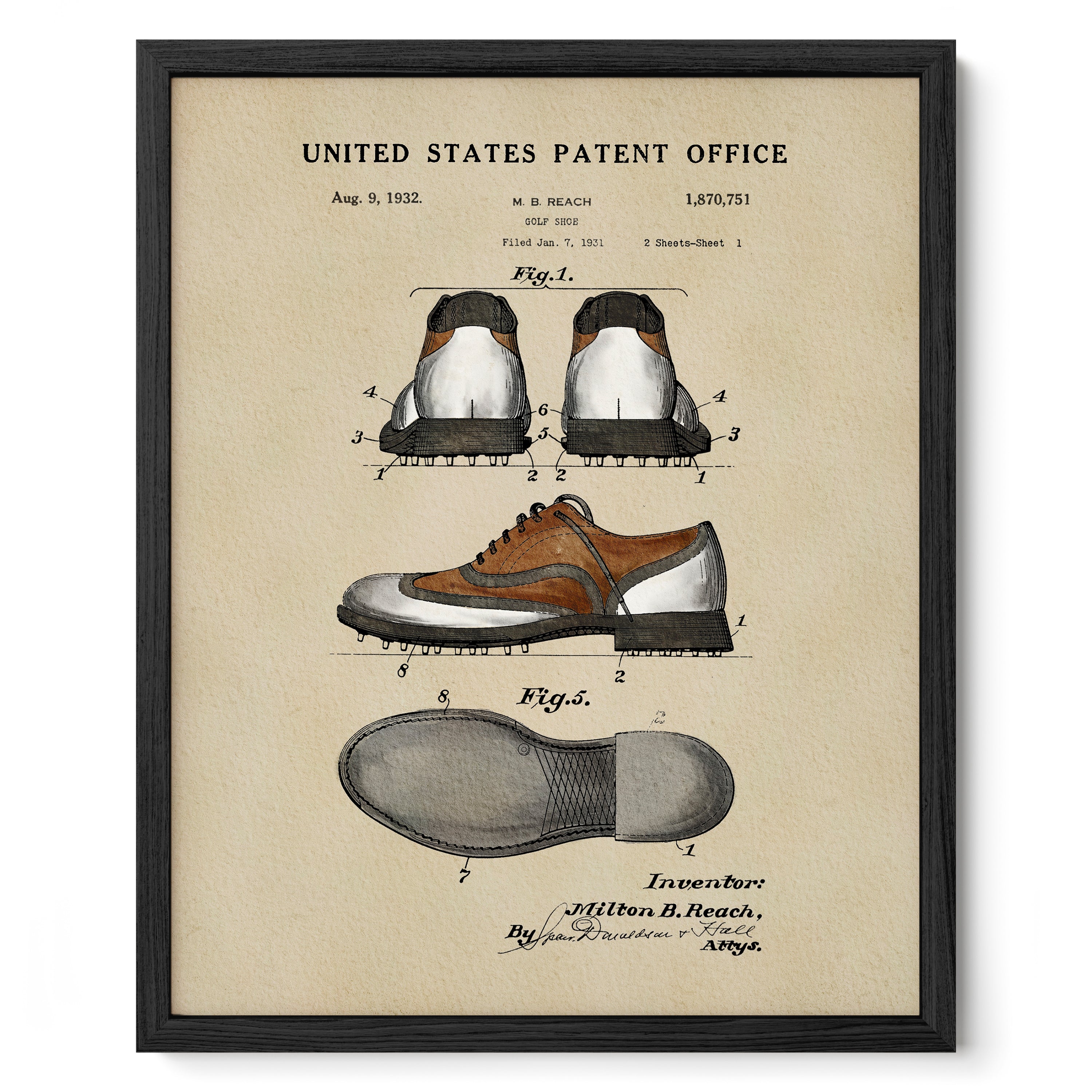 The image is a framed patent drawing depicting a pair of shoes, likely from the early 20th century.