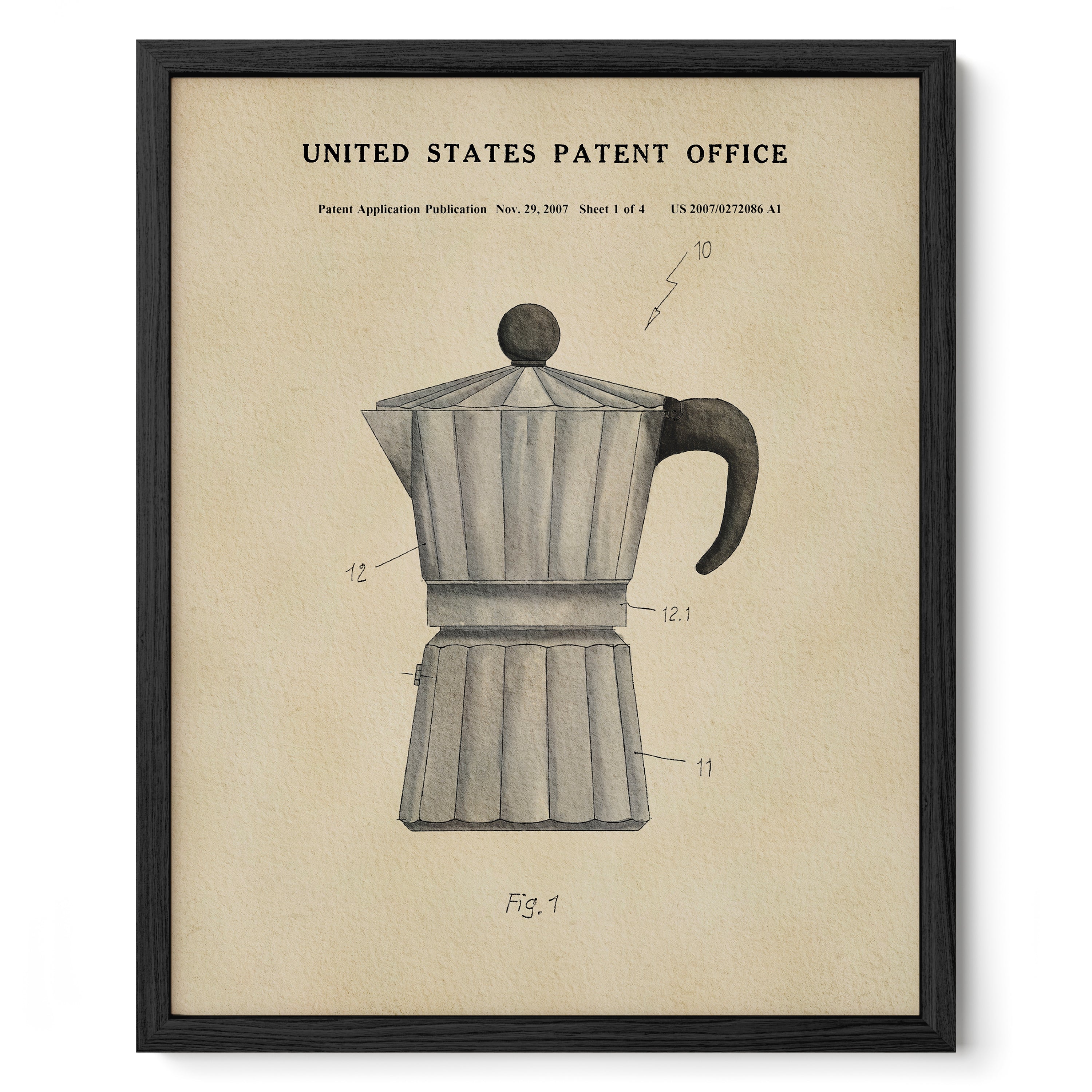 The image is a framed print depicting a patent application for a coffee maker, with a title 