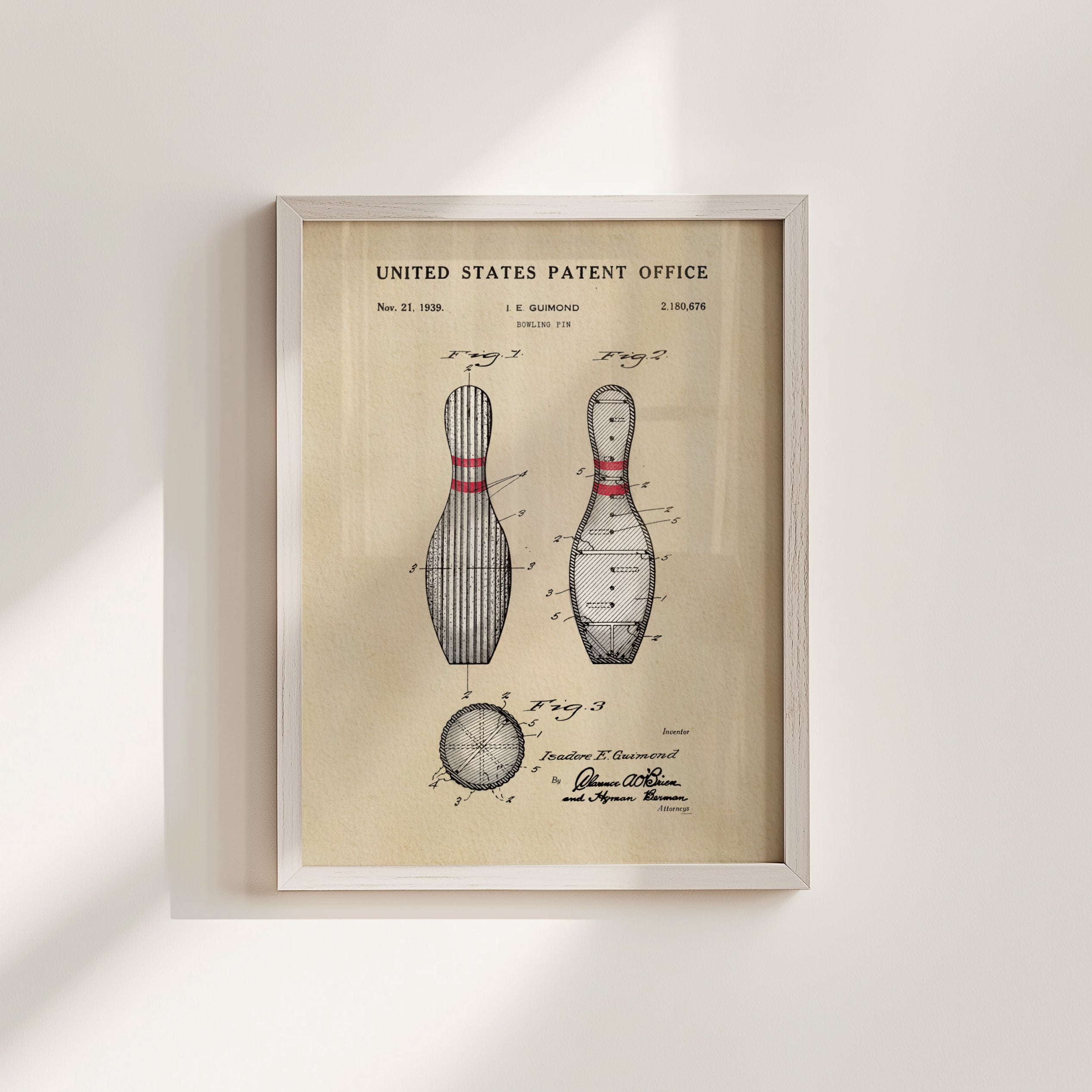 The image is a framed patent drawing of a bowling pin, depicting the design and features of the pin in a vintage style.