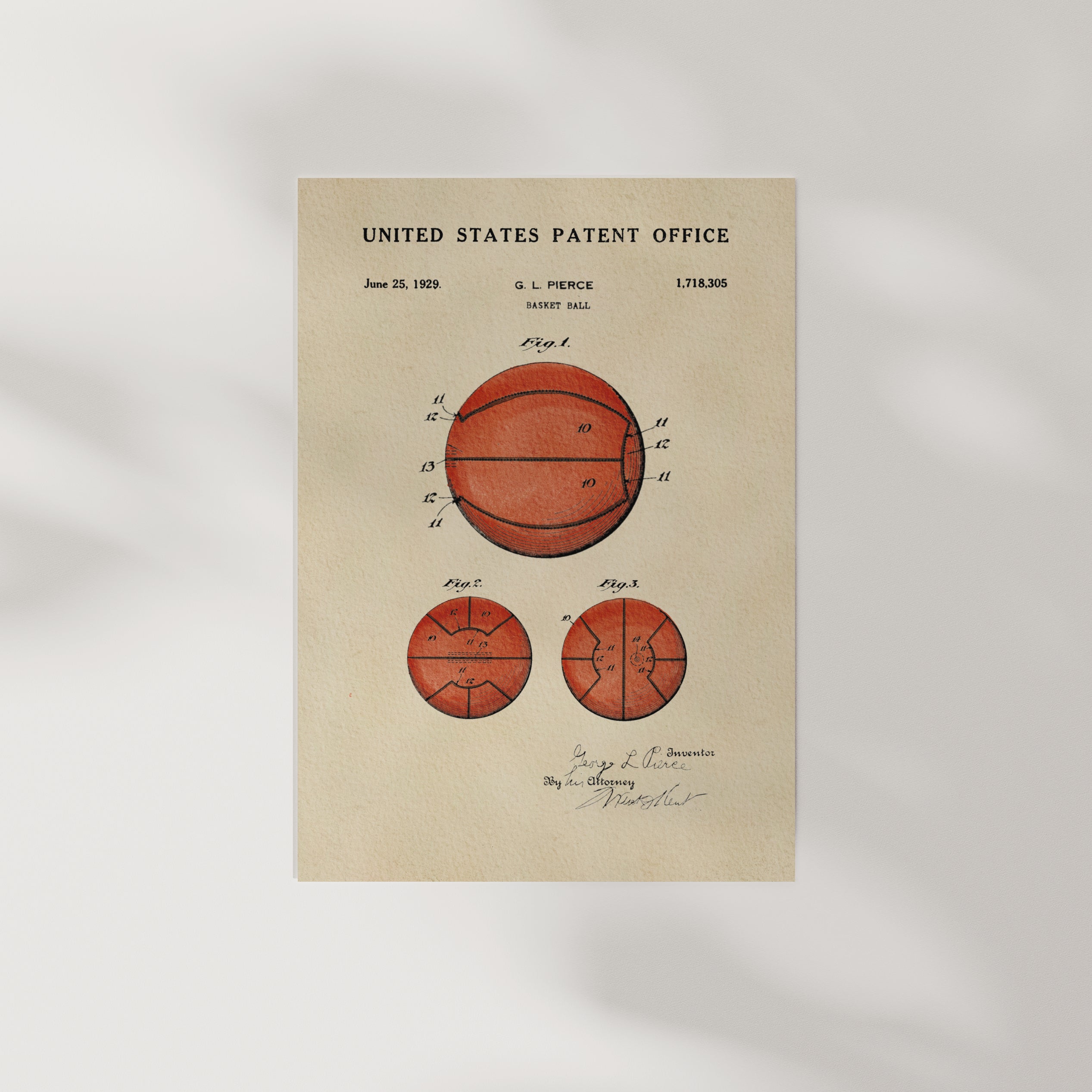 The image is a patent drawing from the year 1923, depicting a basketball with a unique design.
