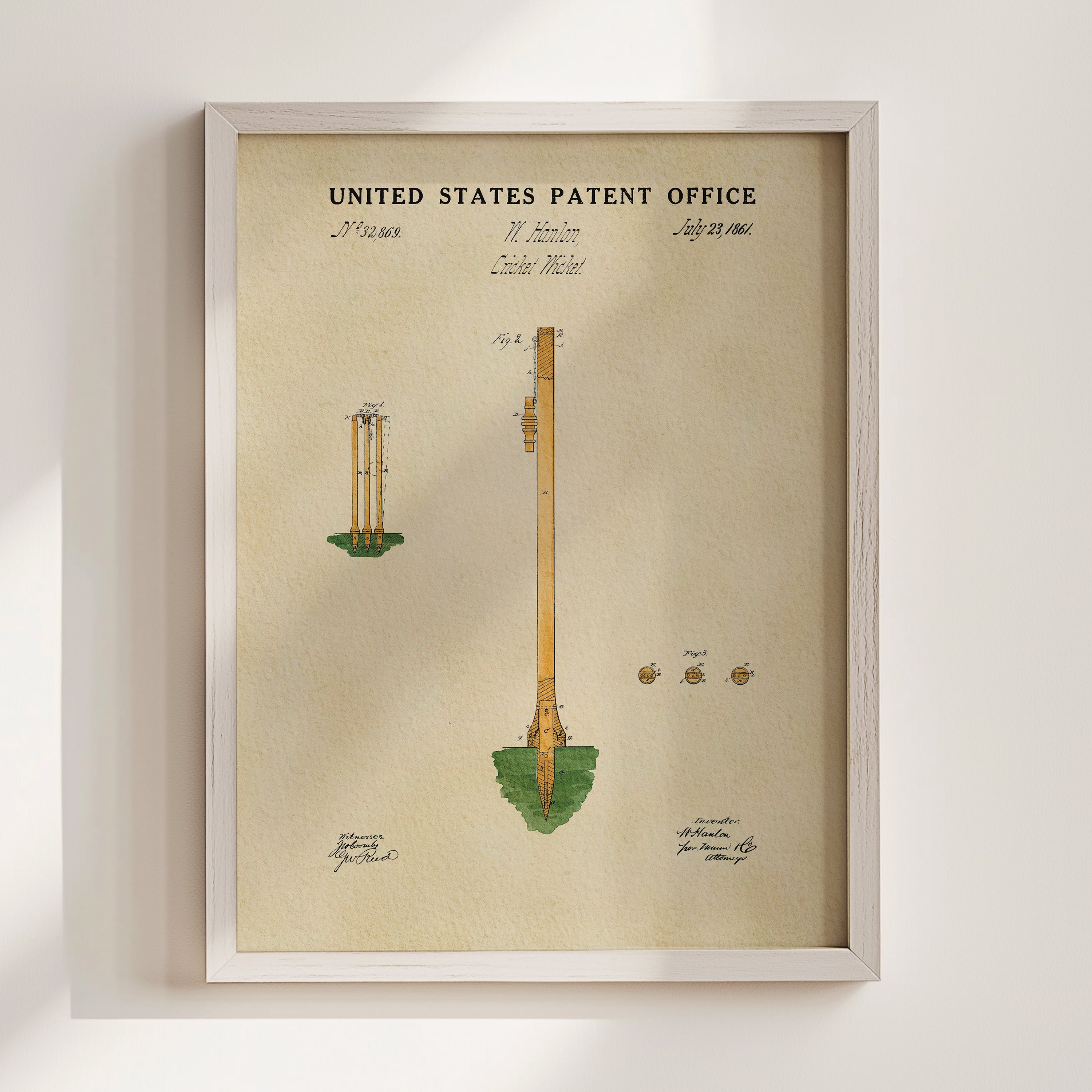 The image is a framed patent drawing depicting a tall, yellow structure with a green base, possibly a rocket or other tall structure.