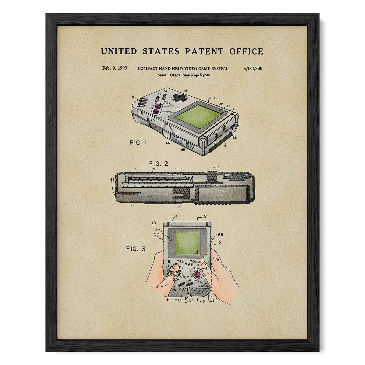 The image is a framed patent drawing depicting a compact handheld video game system, specifically the Sony Oda-Shina Koji system.