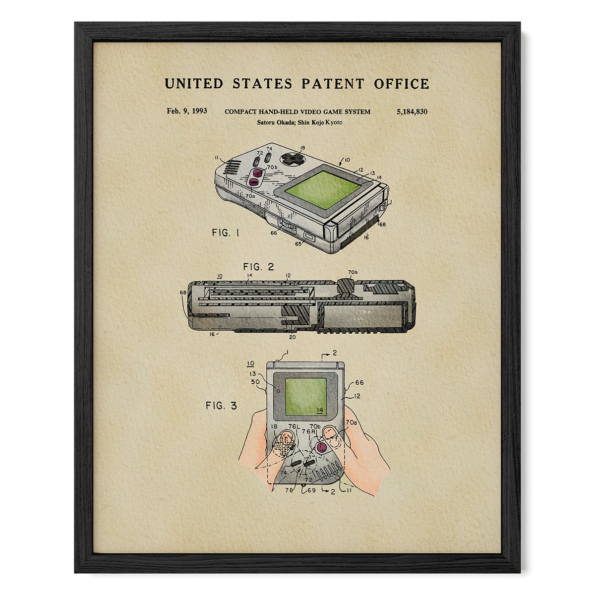 The image is a framed patent drawing depicting a compact handheld video game system, specifically the Sony Oda-Shina Koji system.