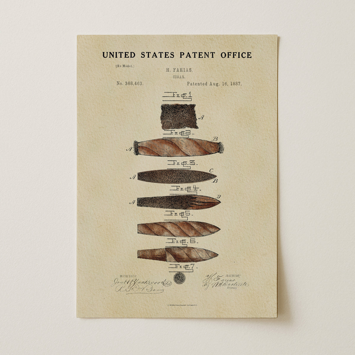 The image is a vintage United States patent office patent drawing depicting various cigar designs, including a cigar with a large central piece and smaller pieces on either side.