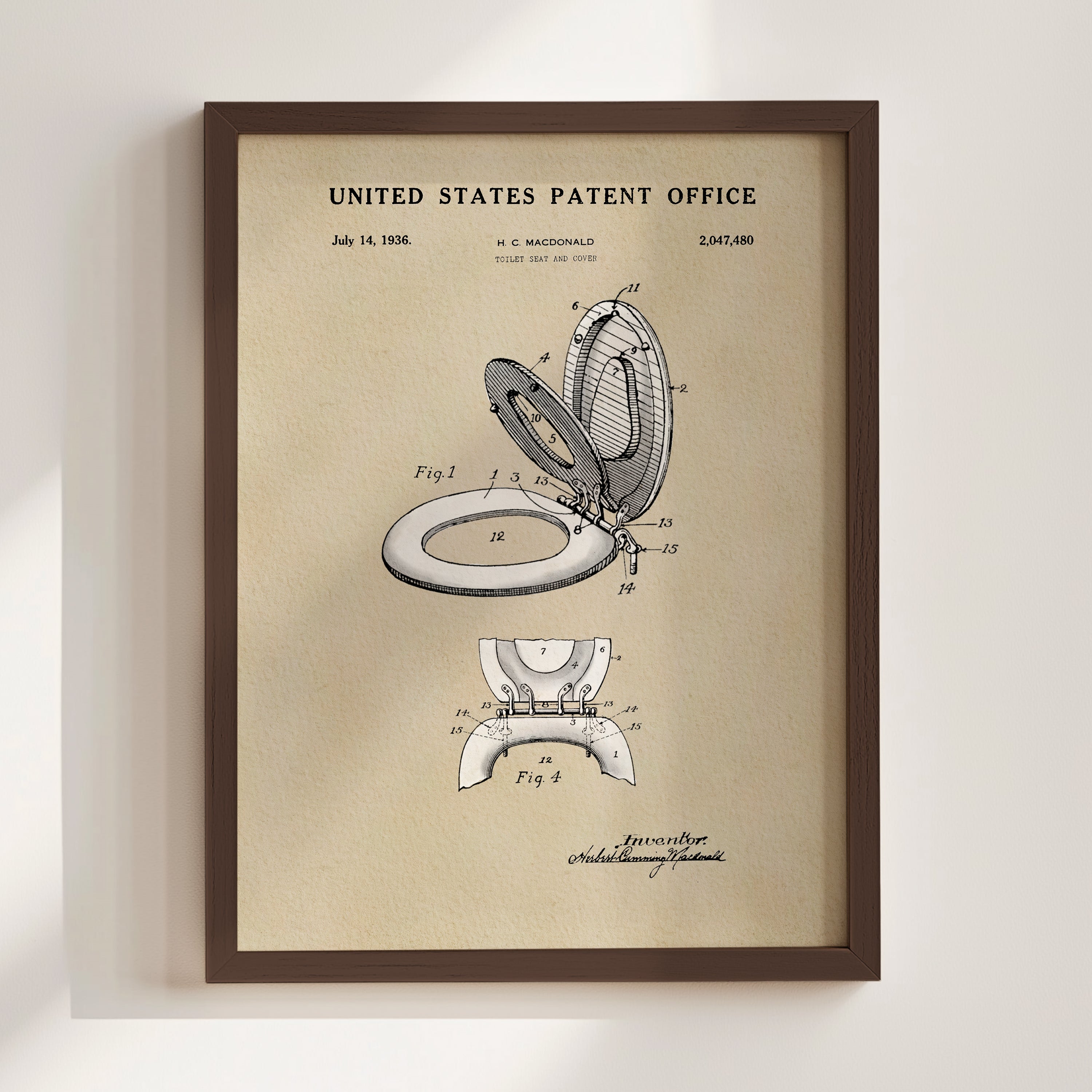 The image is a framed patent drawing of a toilet from the United States Patent Office, dated July 14, 1936.
