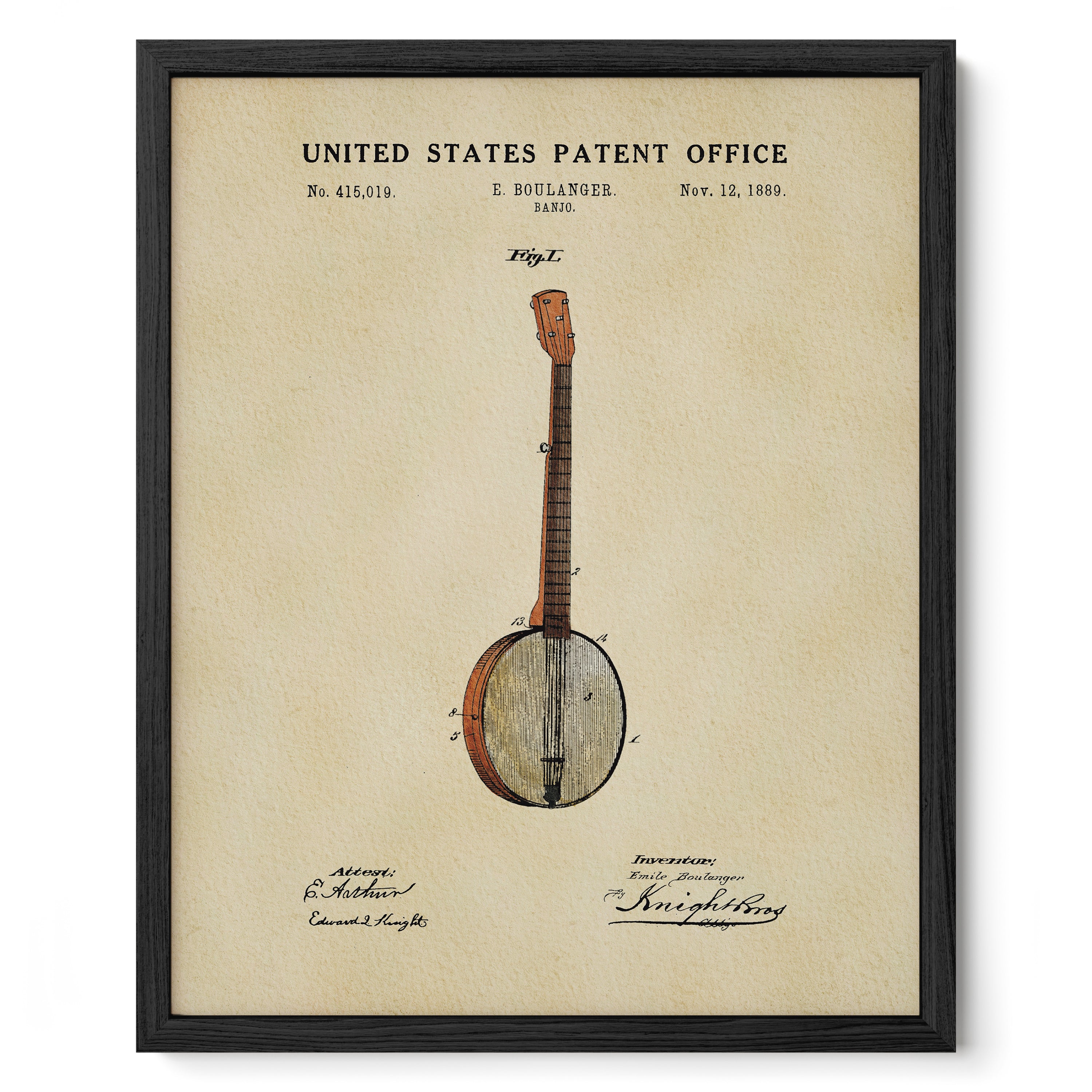 The image is a framed print of a United States patent office patent from Nov. 12, 1889, for a banjo.