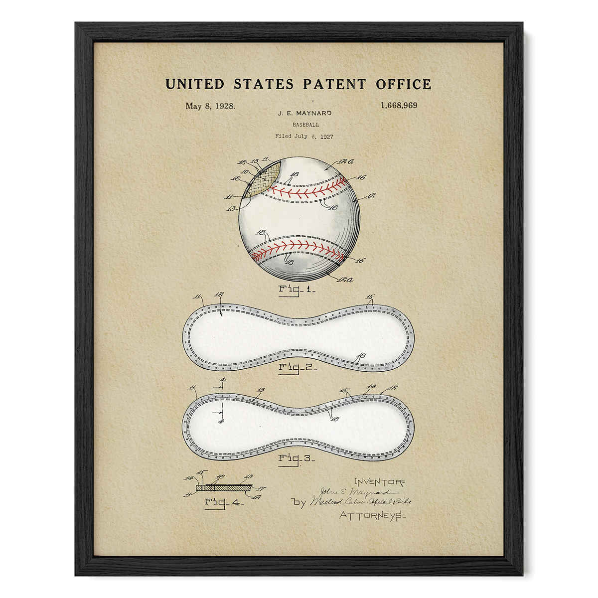 The image is a framed patent drawing depicting a baseball, featuring detailed drawings and labels.