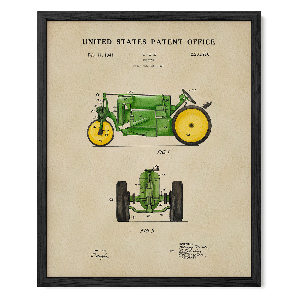 The image is a framed patent drawing of a tractor, depicting the design and features of the tractor in a detailed manner.
