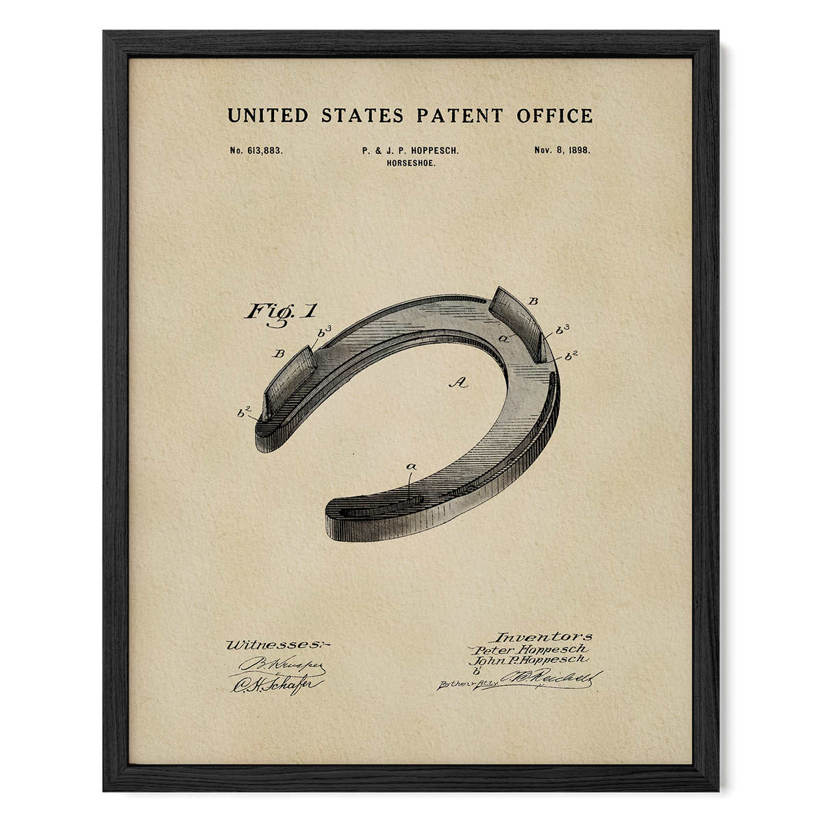 The image is a framed patent drawing of a horseshoe from the United States Patent Office, dated November 8, 1883.