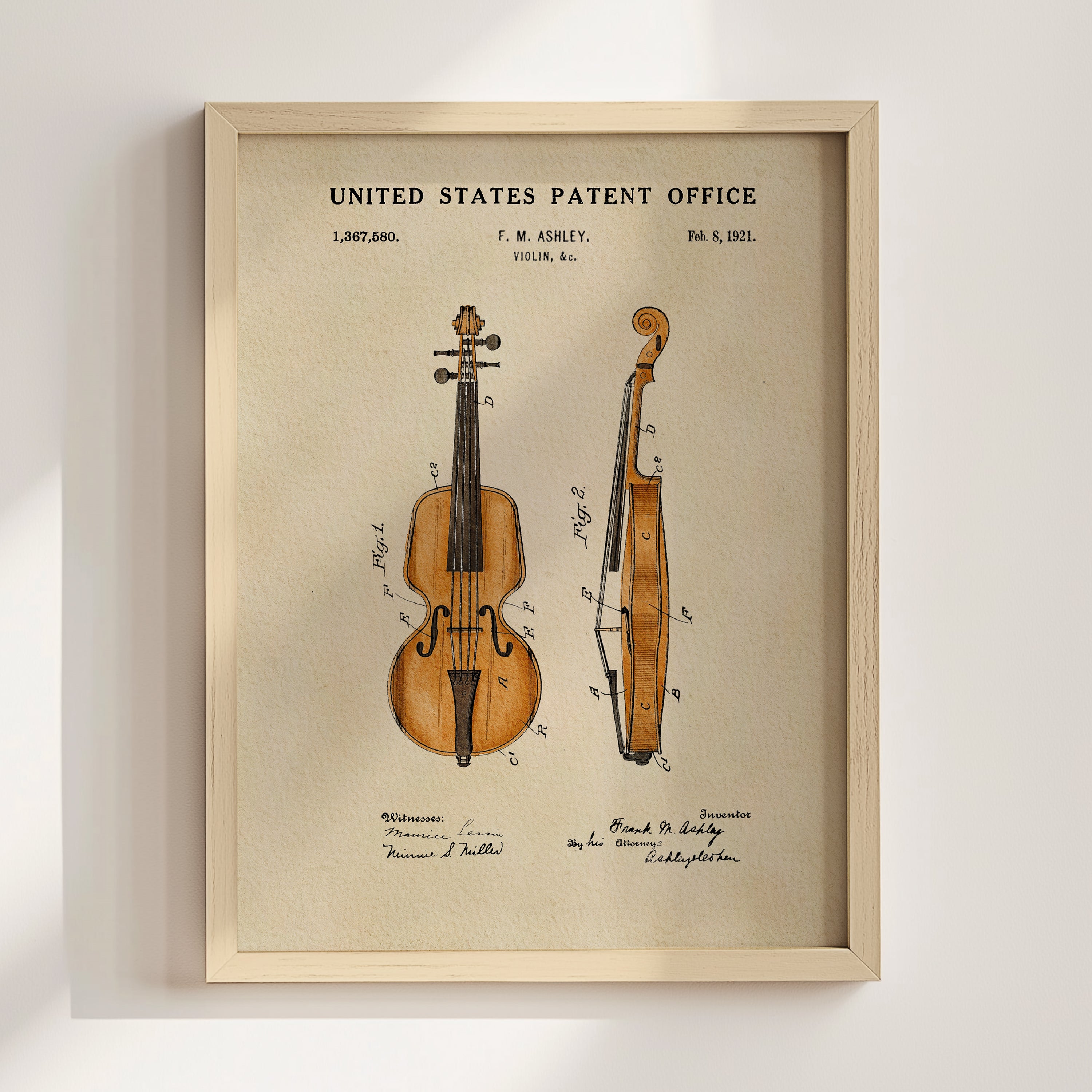 The image is a framed patent drawing of a violin, depicting the instrument's design and features.