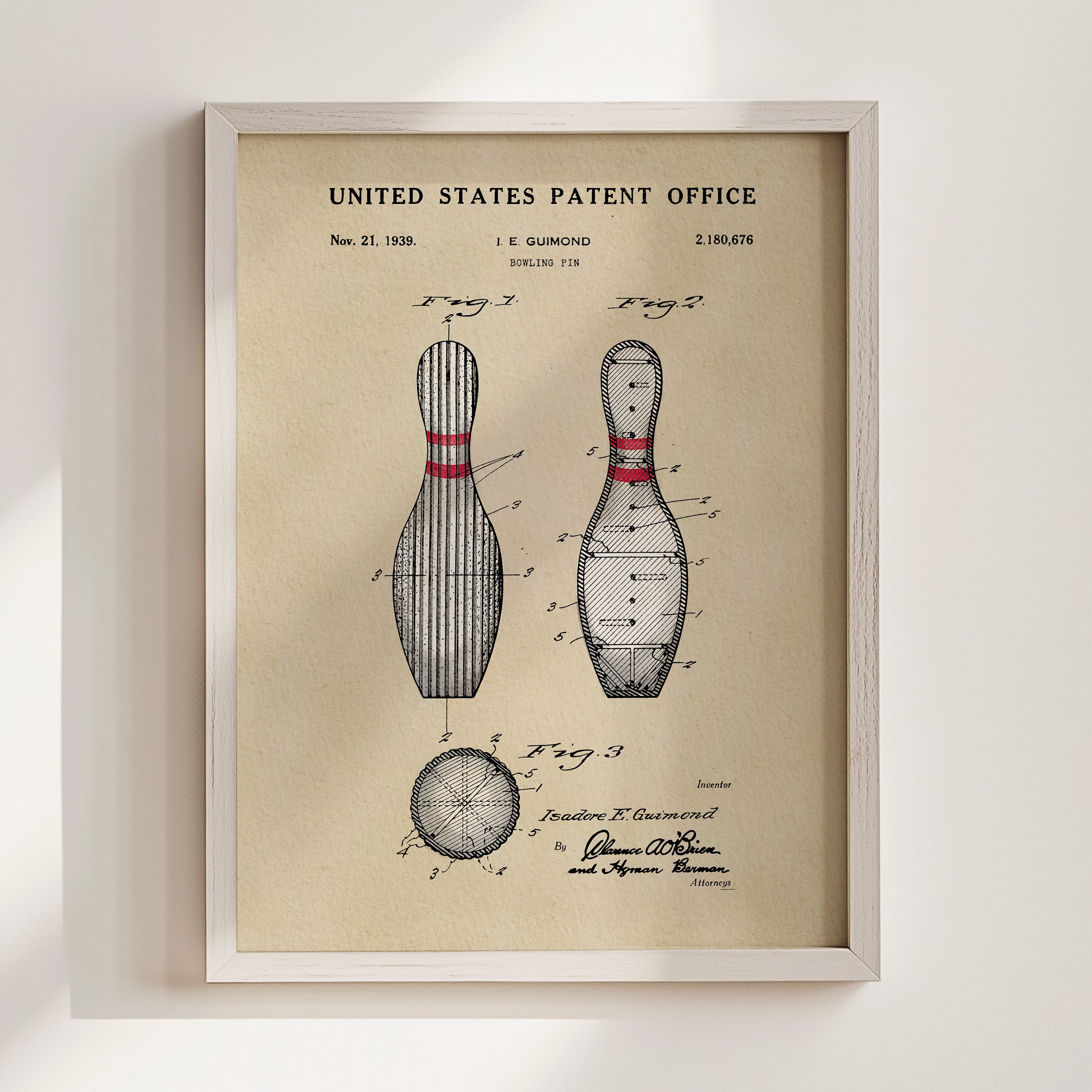 The image is a framed patent drawing depicting a bowling pin and a bowling ball, with the title 
