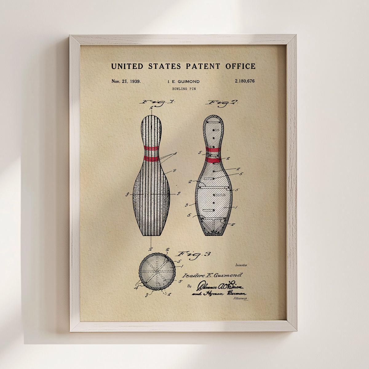 The image is a framed patent drawing depicting a bowling pin and a bowling ball, with the title "United States Patent Office" and the date November 21, 1939.