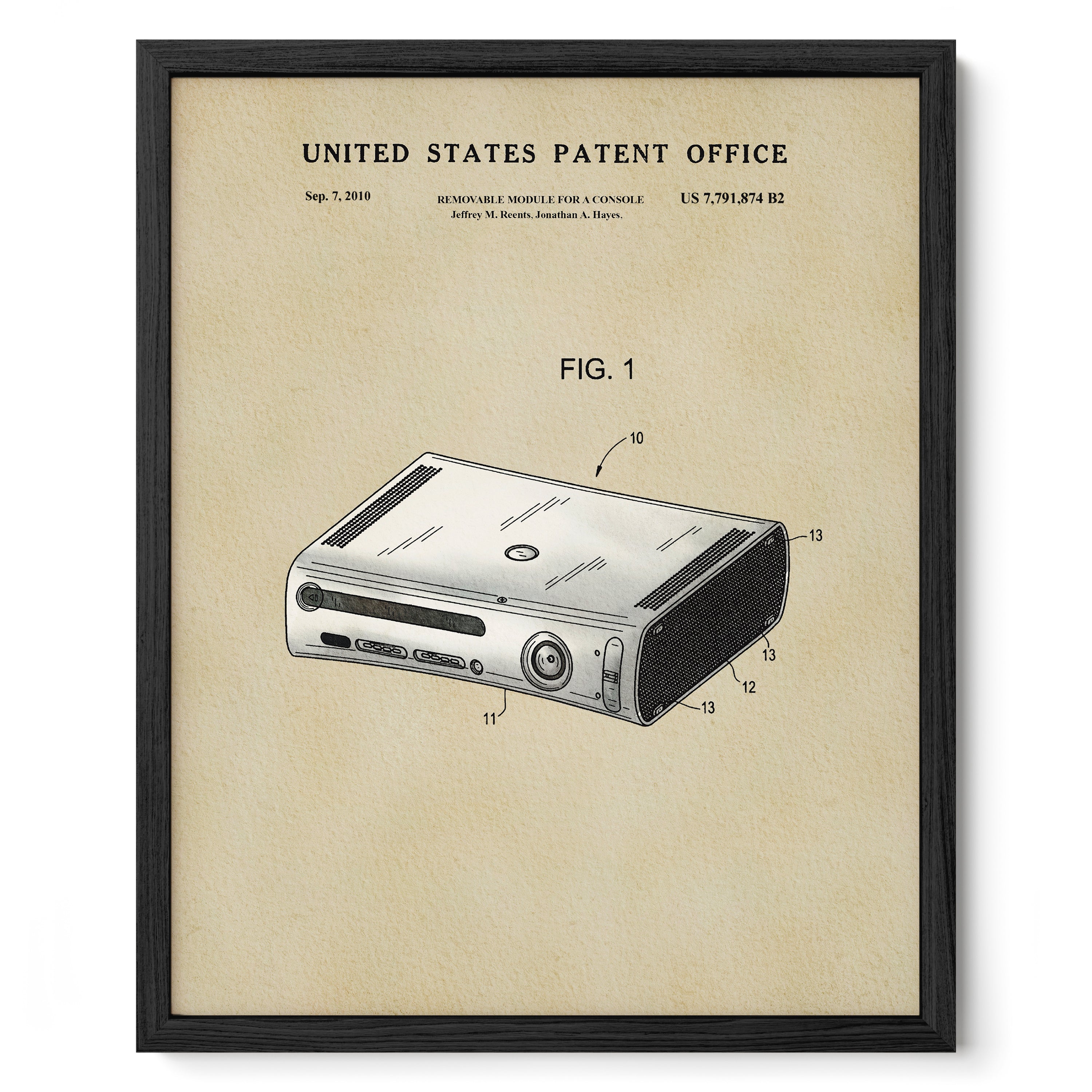 The image is a framed patent drawing of a Wii console, depicting the console's design and features.