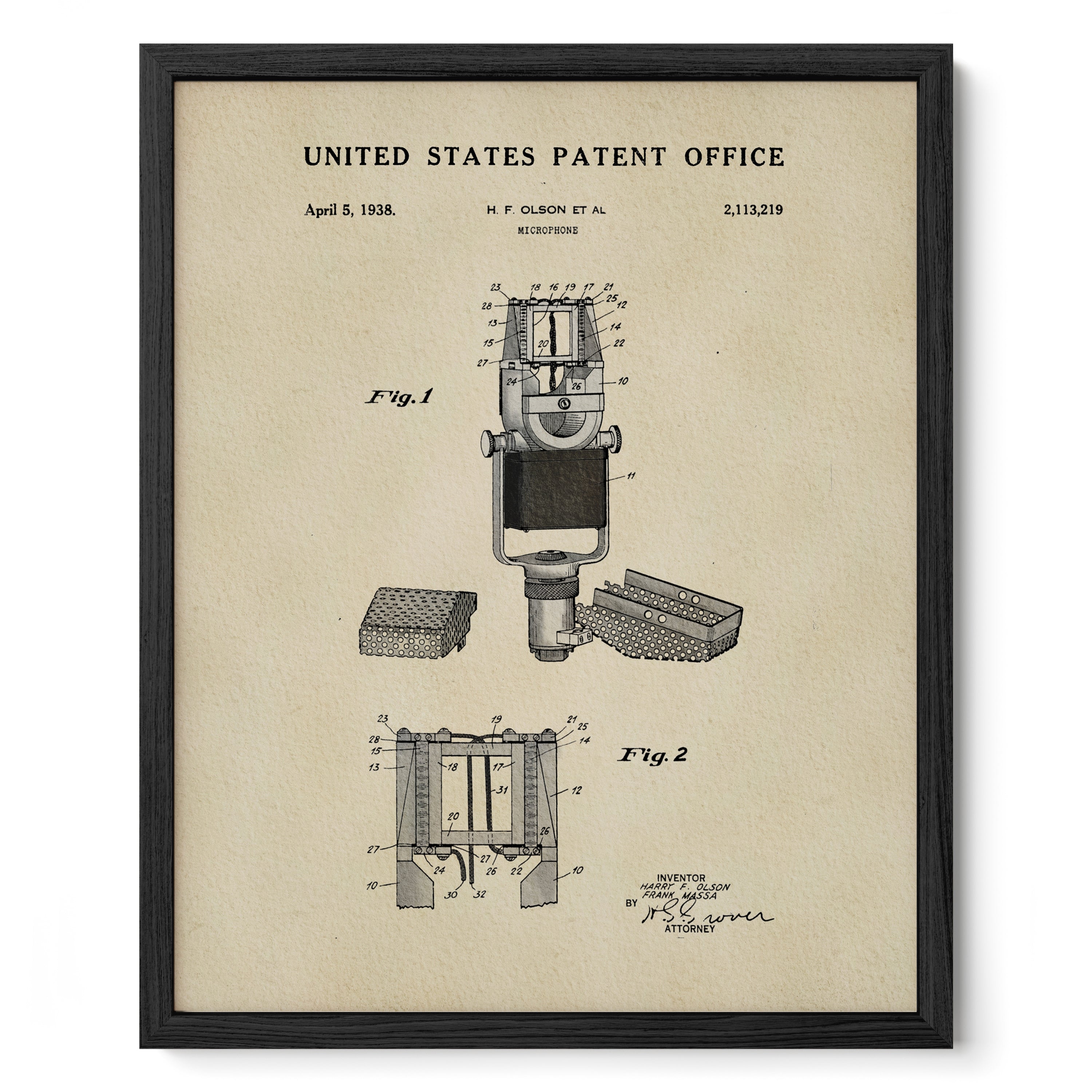 The image is a framed patent drawing from the United States Patent Office, depicting a microphone with detailed technical drawings and specifications.