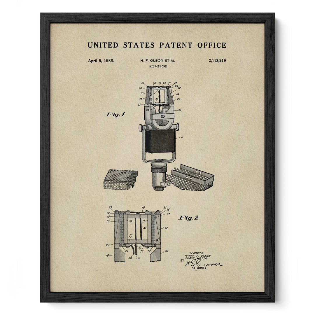 The image is a framed patent drawing from the United States Patent Office, depicting a microphone with detailed technical drawings and specifications.
