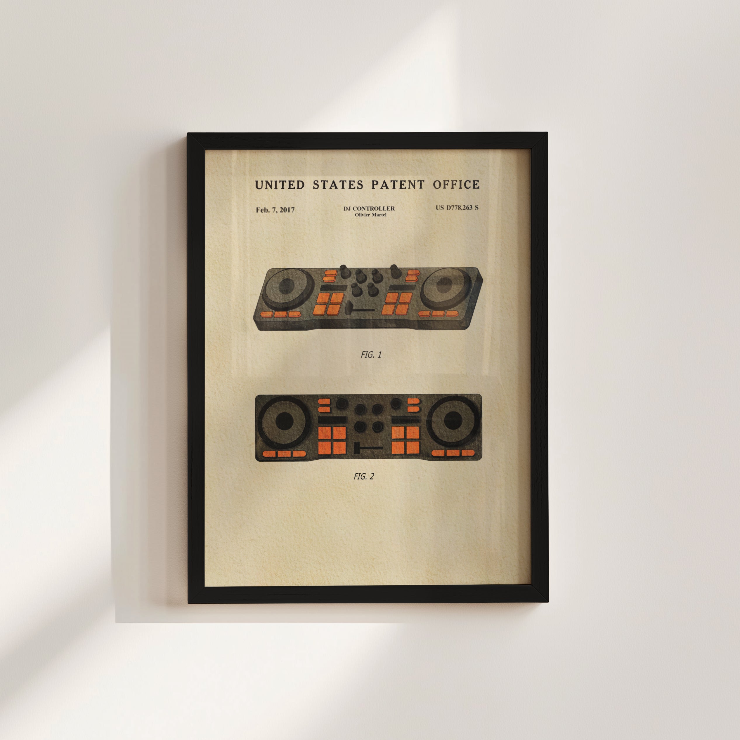 The image is a framed patent drawing depicting a DJ mixer or soundboard with two different designs, labeled as 