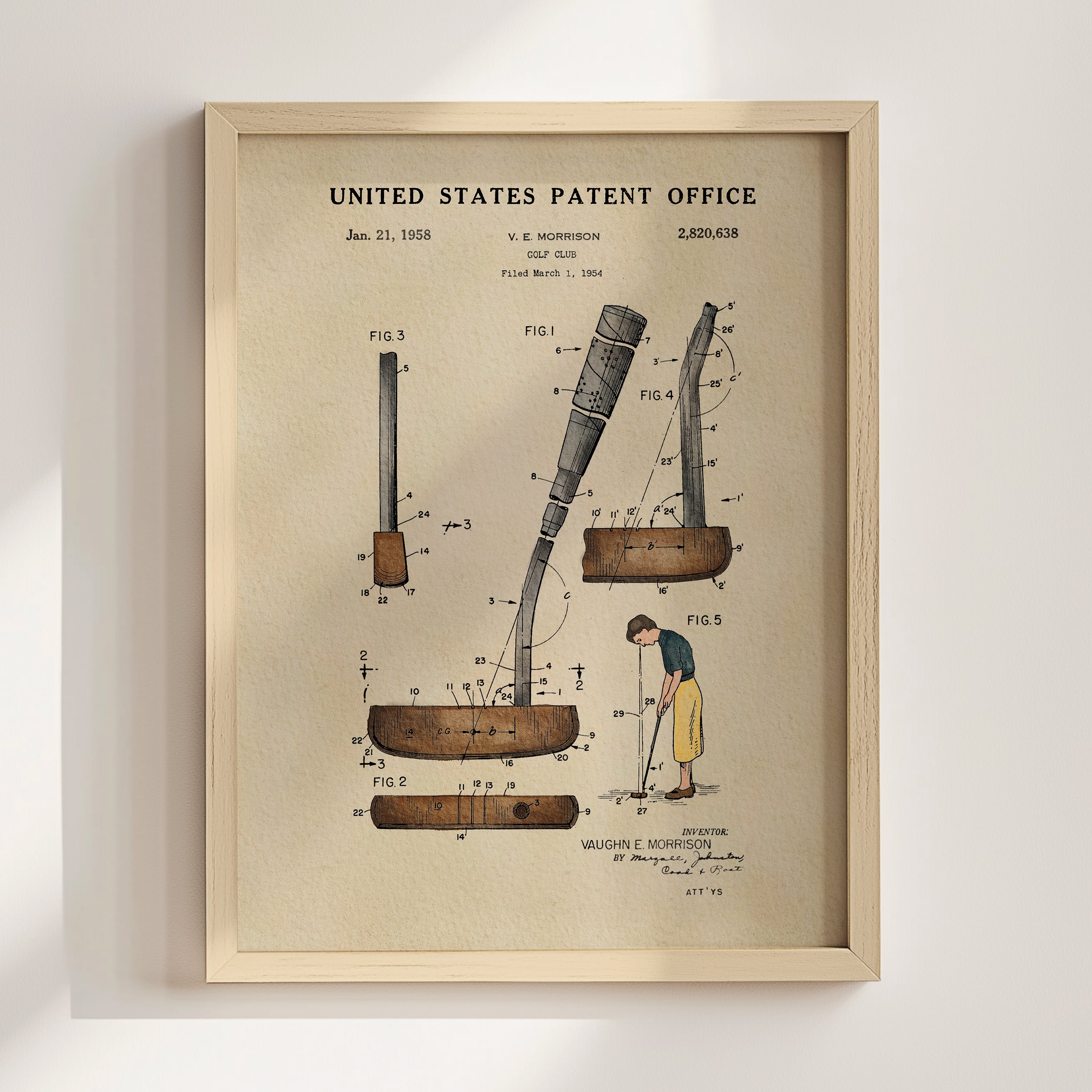The image is a framed patent drawing depicting a golf club, specifically a putter, with various technical drawings and annotations.