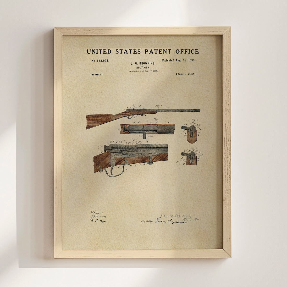 The image is a framed print of a United States patent from August 28, 1899, depicting a rifle.