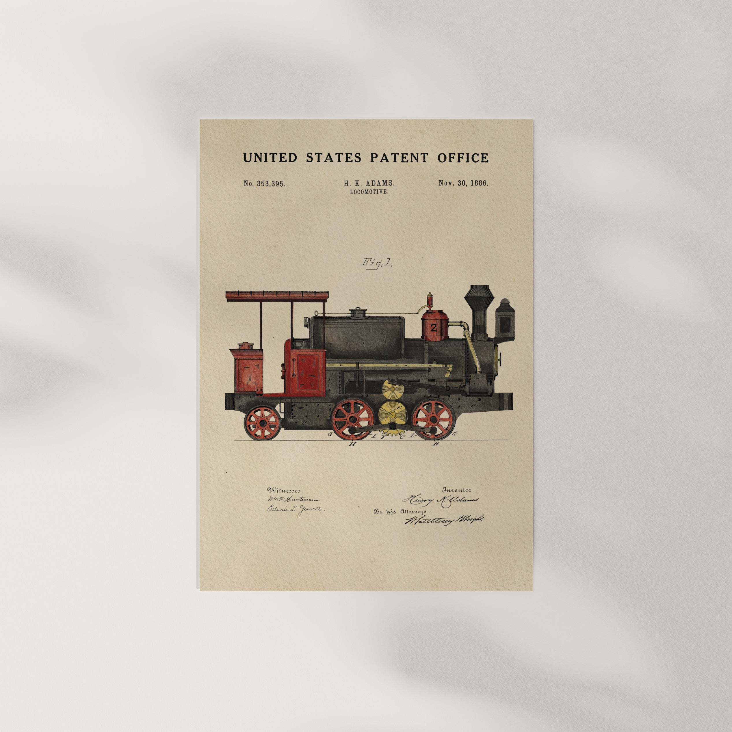The image is a vintage patent drawing of a steam locomotive, depicting a locomotive with a red and black color scheme.
