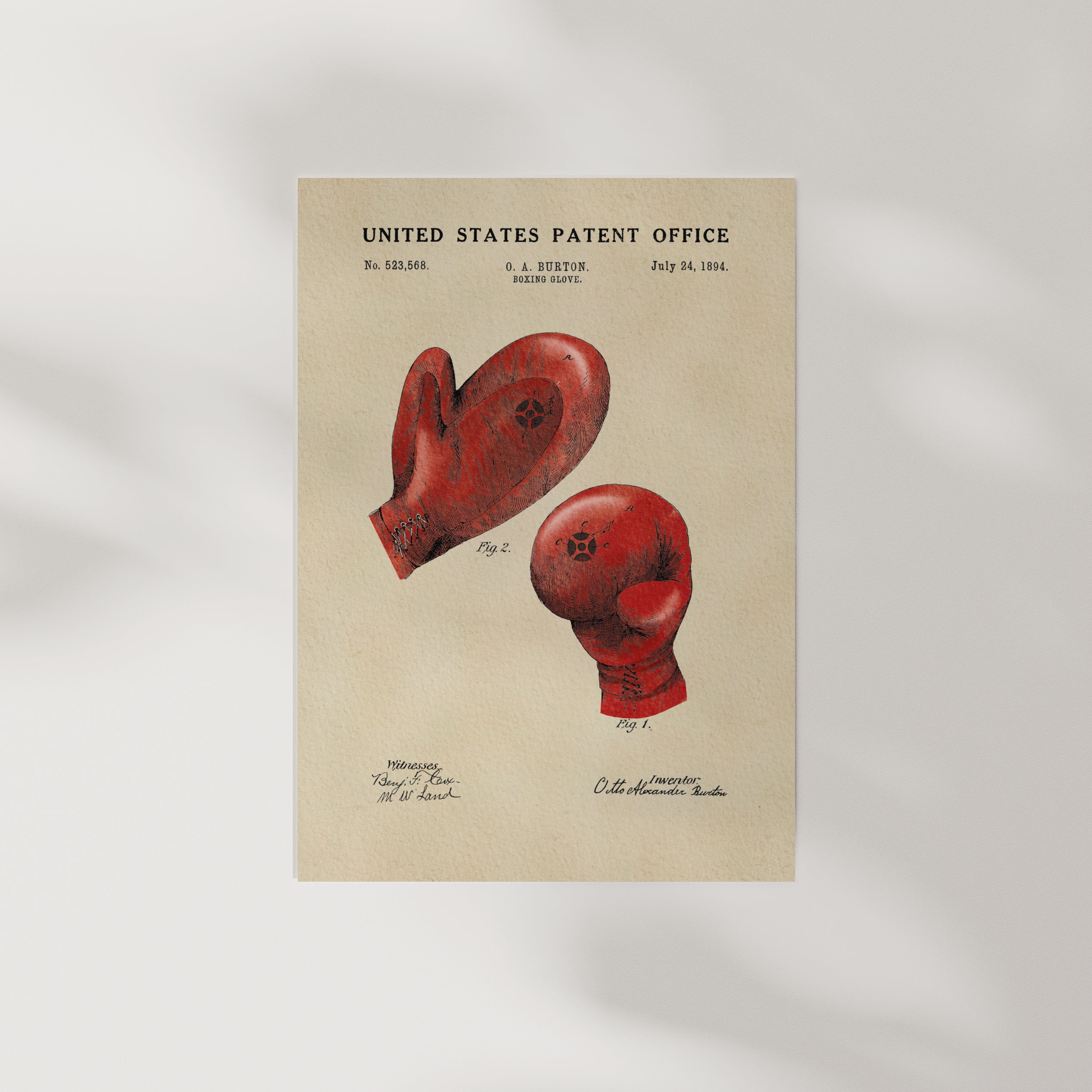 The image is a vintage United States patent office patent drawing featuring two red boxing gloves.