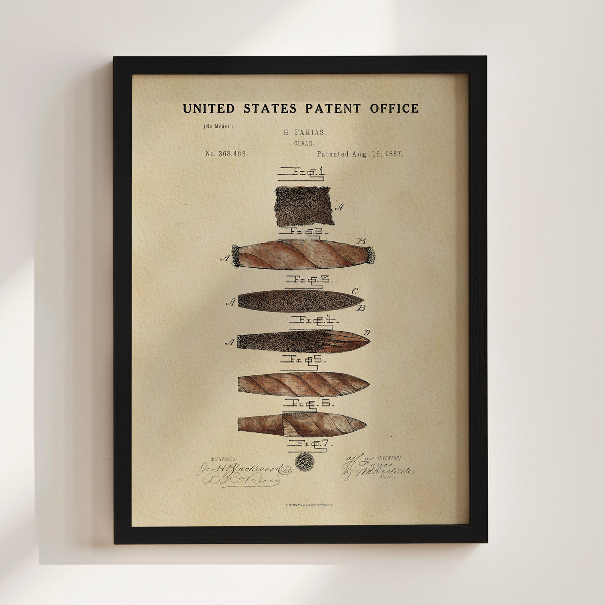The image is a framed print of a United States patent office patent from 1887, featuring a detailed illustration of a cigar.
