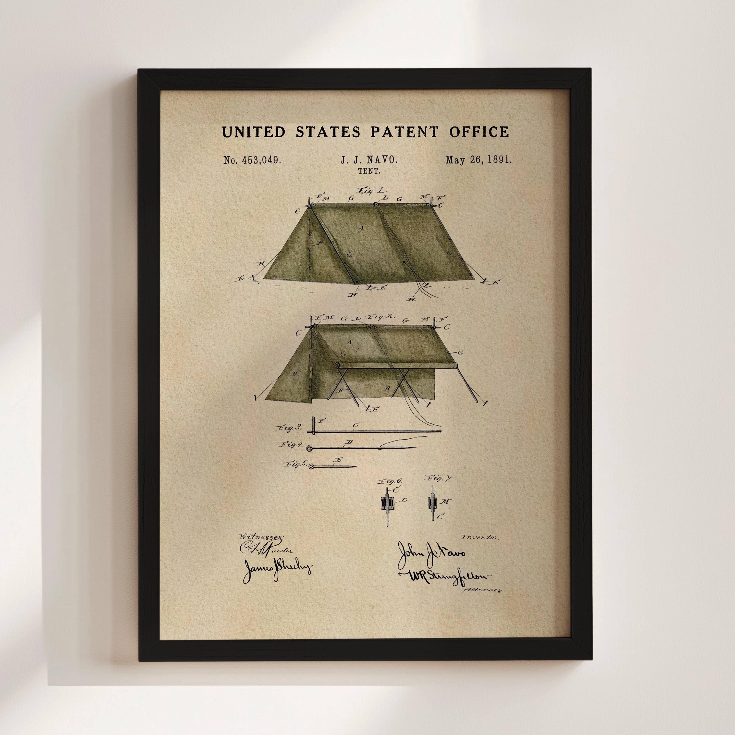 The image is a framed vintage patent drawing of a tent, depicting the design and construction of the tent.