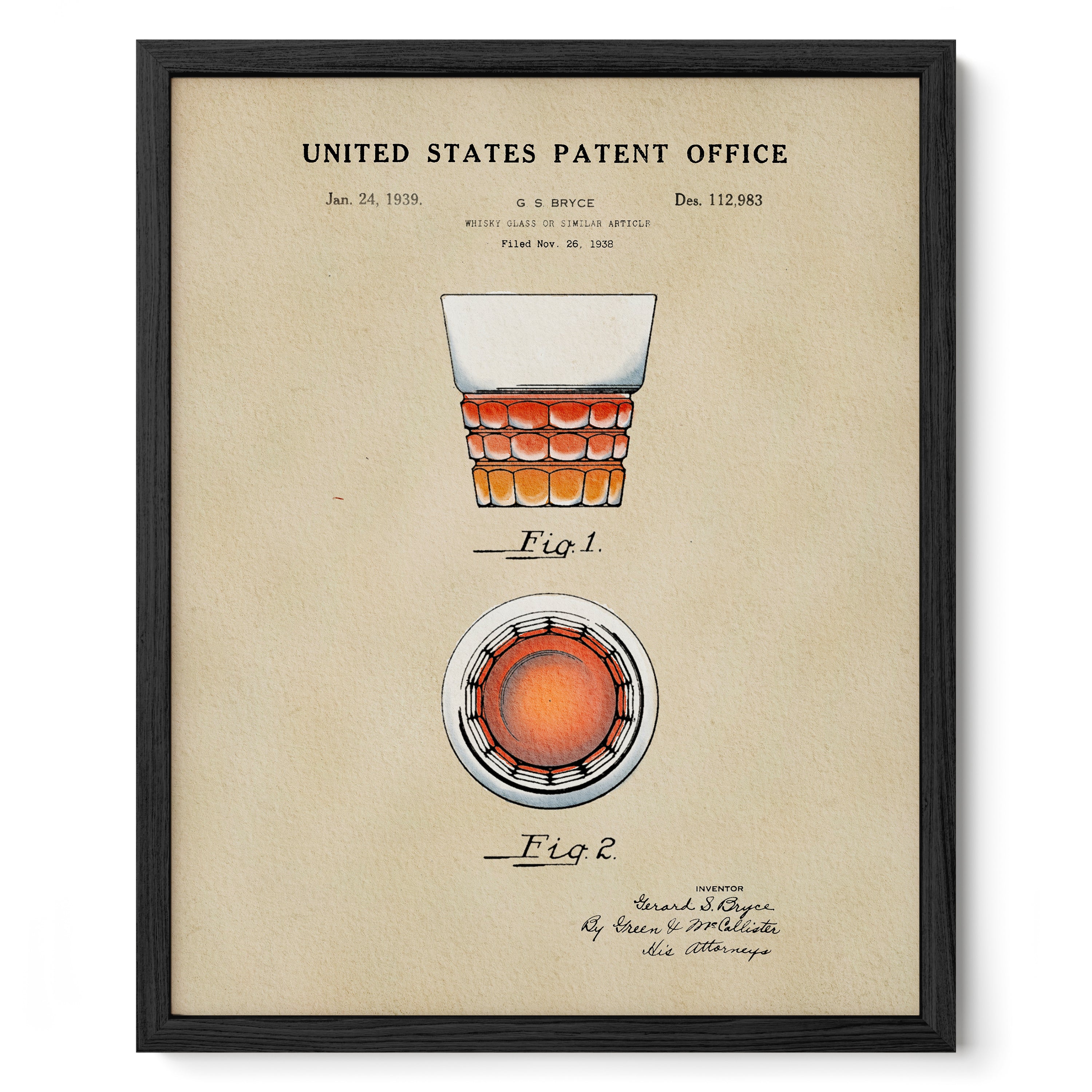 The image is a framed patent drawing depicting a whiskey glass, labeled as Fig. 1 and Fig. 2.