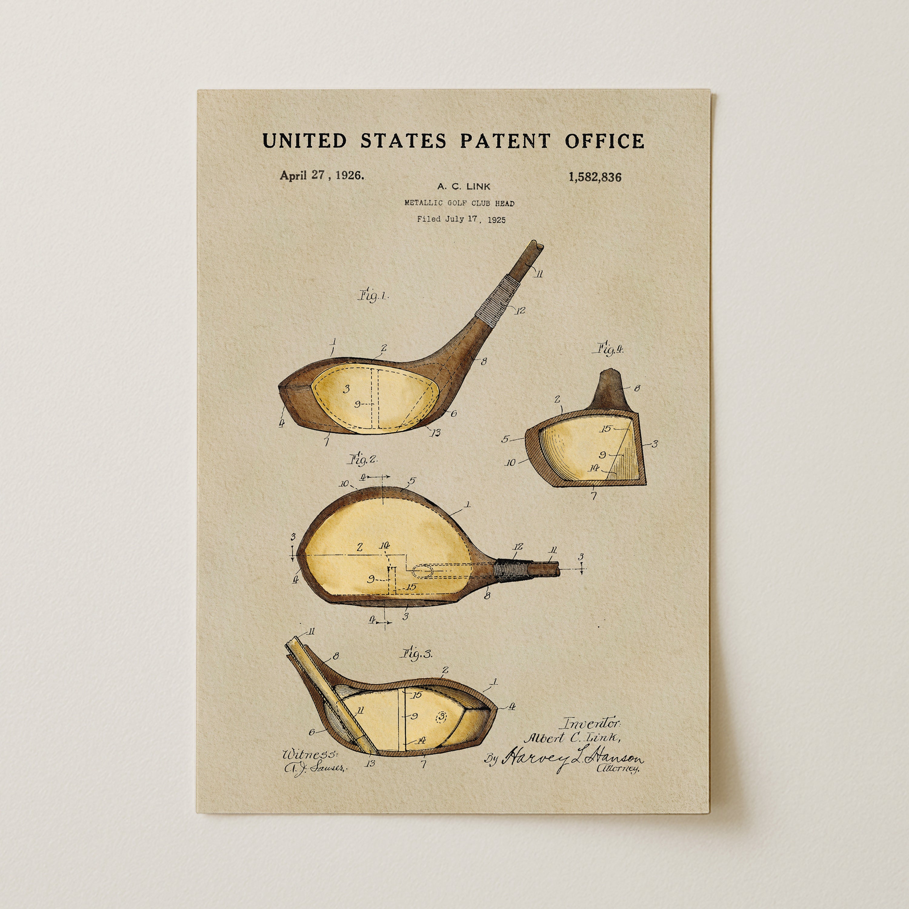 The image is a patent drawing from the United States Patent Office, depicting a golf club with detailed technical drawings and measurements.
