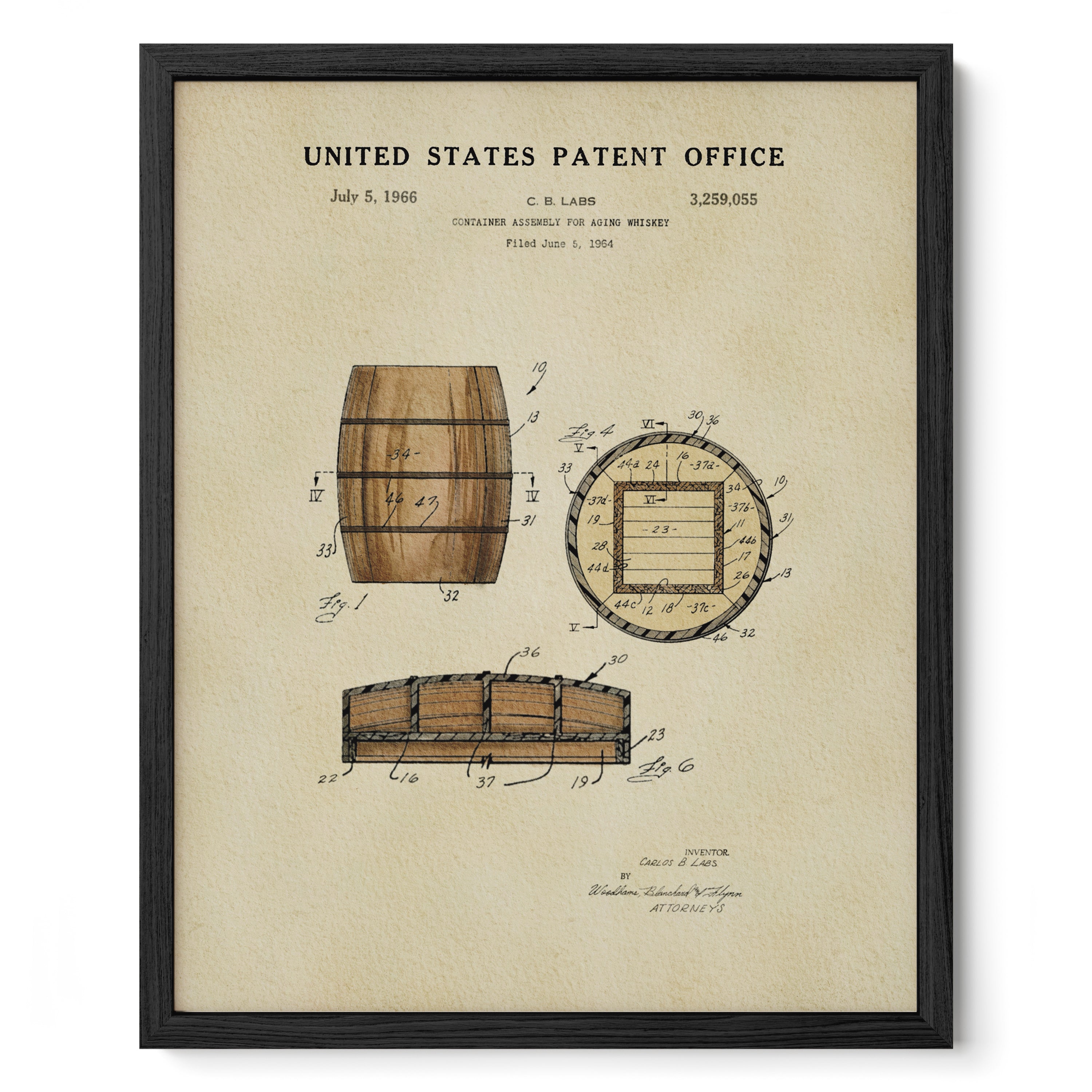 The image is a framed print of a United States patent office patent from July 5, 1966, for a container assembly for whiskey.