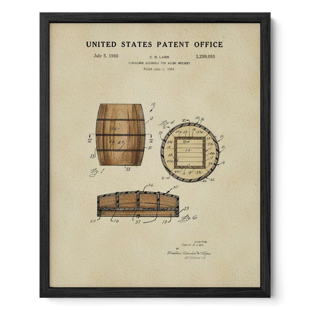 The image is a framed print of a United States patent office patent from July 5, 1966, for a container assembly for whiskey.