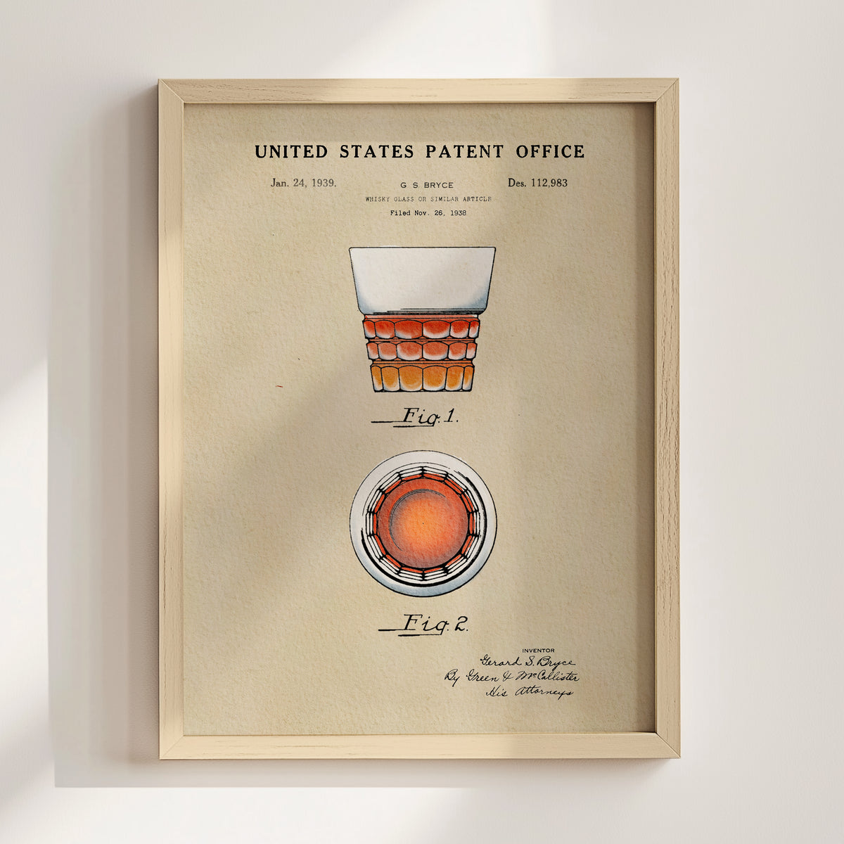 The image is a framed print of a patent application from the United States Patent Office, dated Jan. 24, 1969, and titled "Fig. 1".