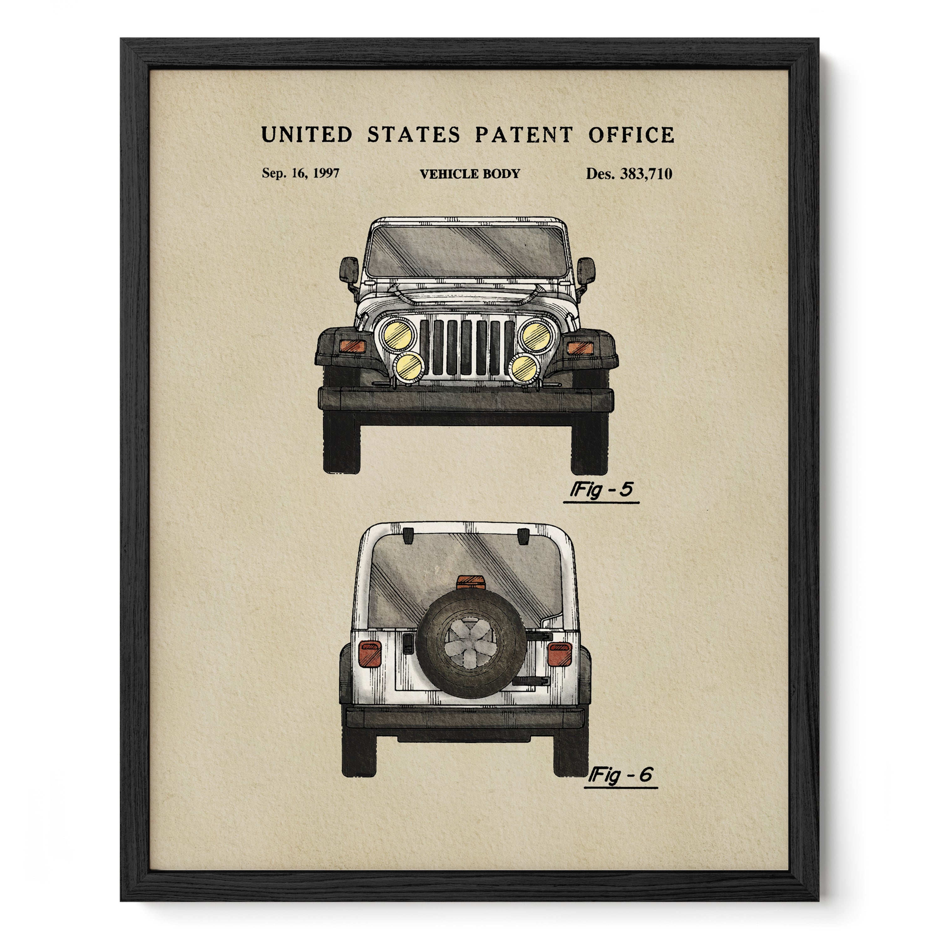 The image is a framed print depicting a vehicle design from the United States Patent Office, specifically a Jeep Wrangler.