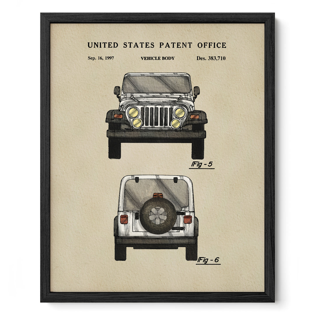 The image is a framed print depicting a vehicle design from the United States Patent Office, specifically a Jeep Wrangler.